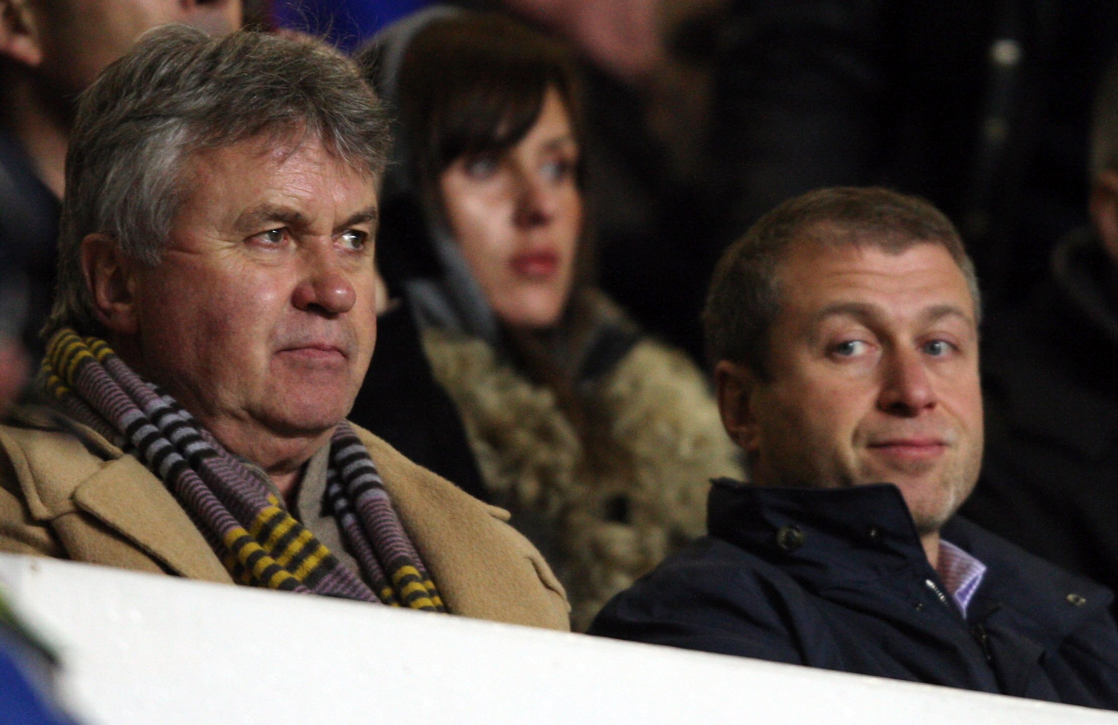 BIRMINGHAM, UNITED KINGDOM - FEBRUARY 18:  Guus Hiddink, manager of Chelsea and owner Roman Abramovich at the UEFA Cup match between Aston Villa and CSKA Moscow at Villa Park on February 18, 2009 in Birmingham, England.  (Photo by Ross Kinnaird/Getty Imag