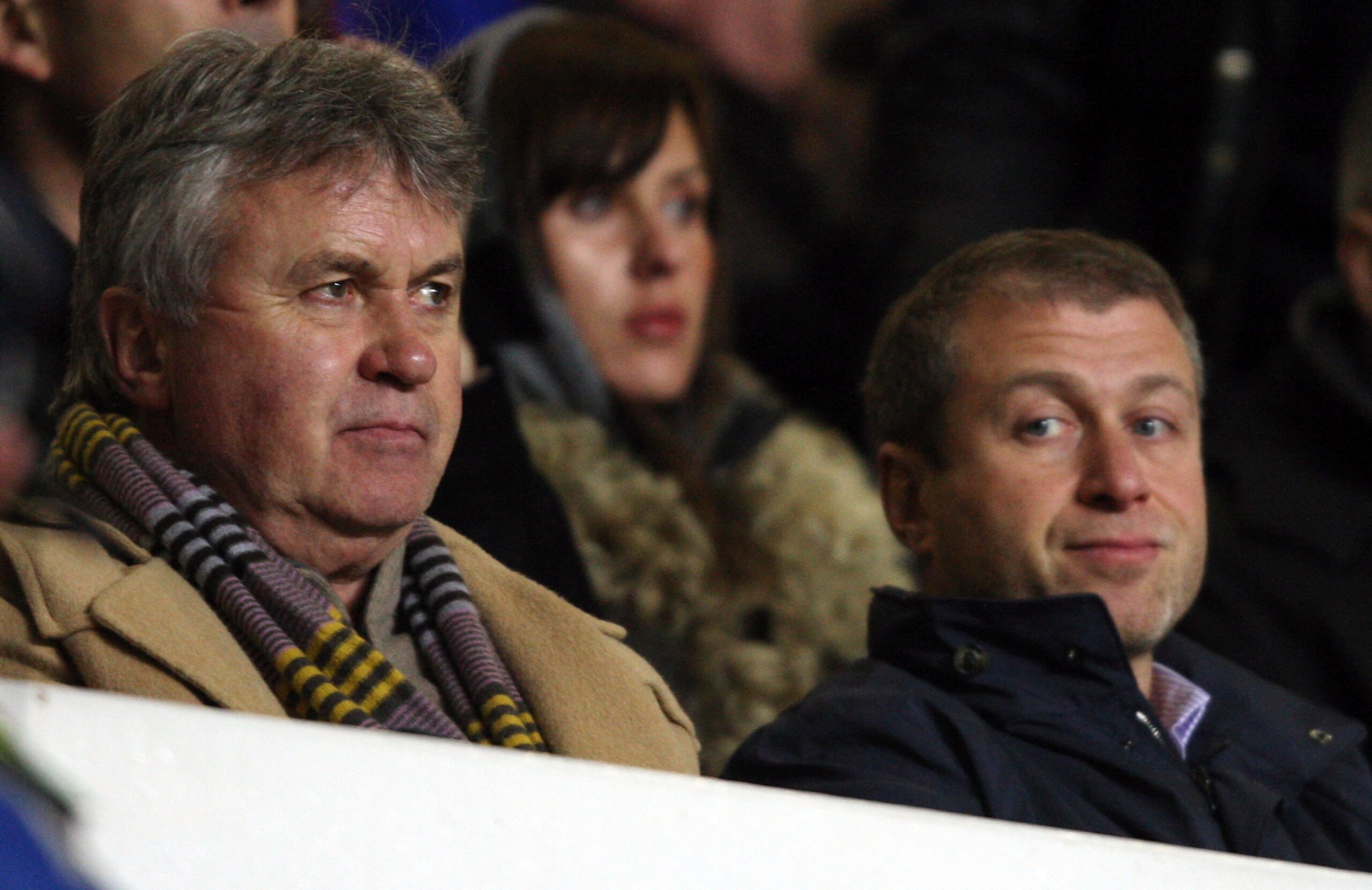 BIRMINGHAM, UNITED KINGDOM - FEBRUARY 18:  Guus Hiddink, manager of Chelsea and owner Roman Abramovich at the UEFA Cup match between Aston Villa and CSKA Moscow at Villa Park on February 18, 2009 in Birmingham, England.  (Photo by Ross Kinnaird/Getty Imag