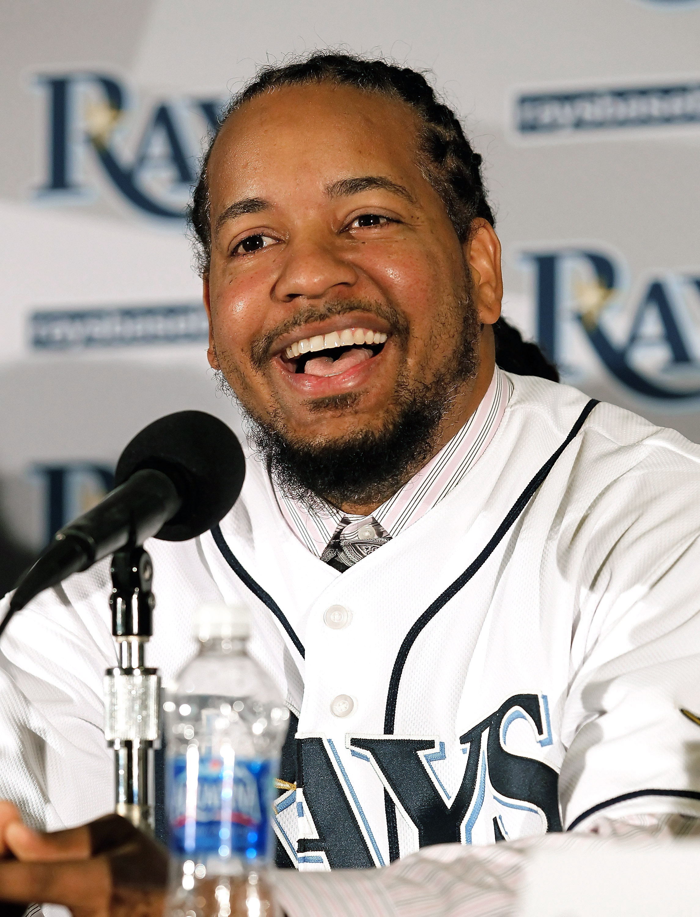 ST PETERSBURG, FL - FEBRUARY 01:  Manny Ramirez #24 of the Tampa Bay Rays talks with reporters at a press conference at Tropicana Field on February 1, 2011 in St Petersburg, Florida.  (Photo by J. Meric/Getty Images)