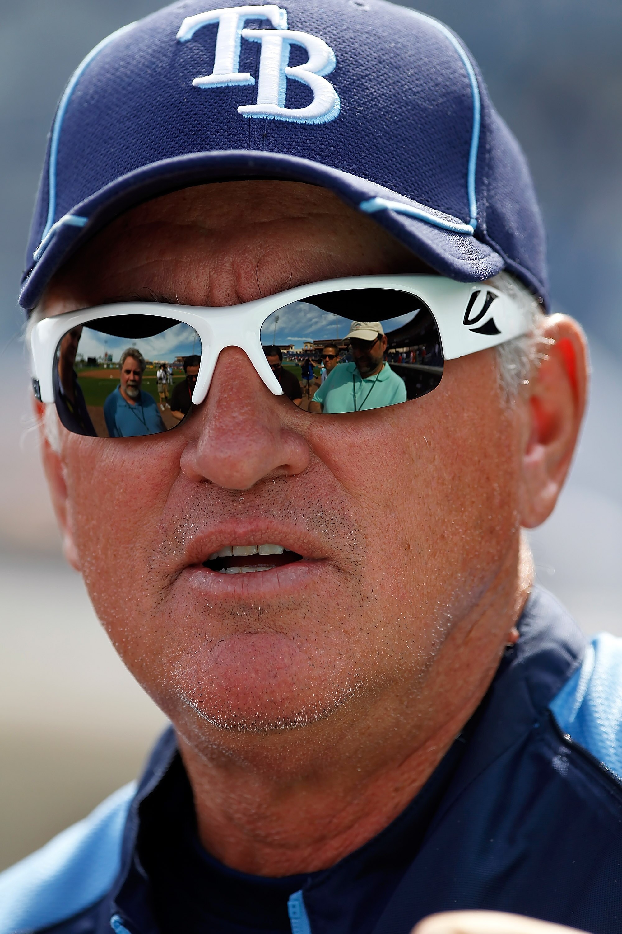 CLEARWATER, FL - MARCH 06:  Manager Joe Maddon #70 of the Tampa Bay Rays talks with the media before the start of the Grapefruit League Spring Training Game against the Philadelphia Phillies at Bright House Field on March 6, 2011 in Sarasota, Florida.  (P