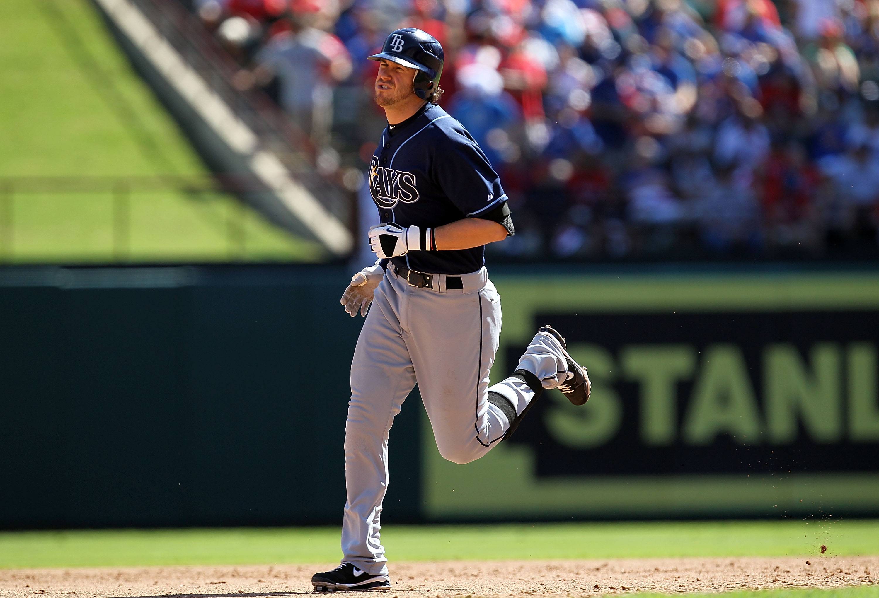 ARLINGTON, TX - OCTOBER 10:  Evan Longoria #3 of the Tampa Bay Rays runs after hitting a two run homerun against the Texas Rangers in the 5th inning during game 4 of the ALDS at Rangers Ballpark in Arlington on October 10, 2010 in Arlington, Texas.  (Phot