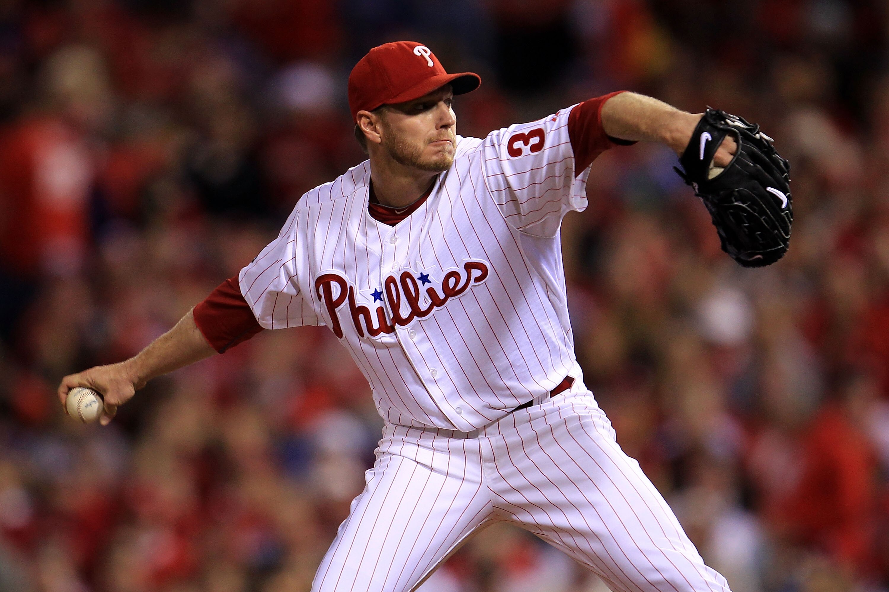 PHILADELPHIA - OCTOBER 16:  Roy Halladay #34 of the Philadelphia Phillies pitches in the first inning against the San Francisco Giants in Game One of the NLCS during the 2010 MLB Playoffs at Citizens Bank Park on October 16, 2010 in Philadelphia, Pennsylv