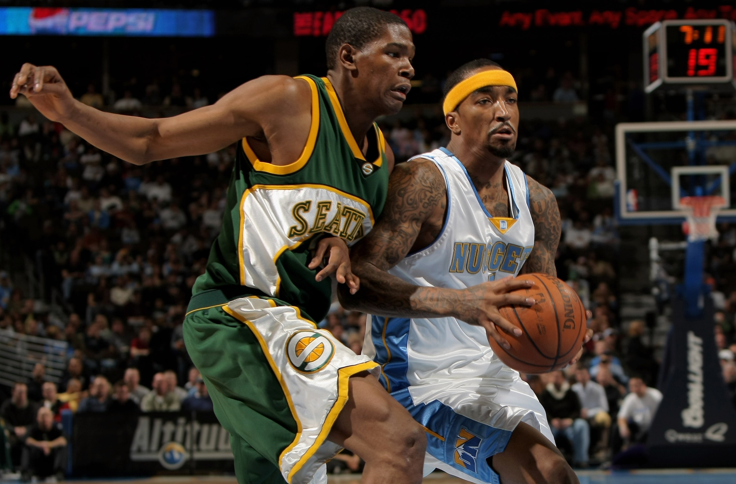 DENVER - MARCH 16:  J.R. Smith #1 of the Denver Nuggets drives past Kevin Durant #35 of the Seattle SuperSonics at the Pepsi Center March 16, 2008 in Denver, Colorado. NOTE TO USER: User expressly acknowledges and agrees that, by downloading and or using