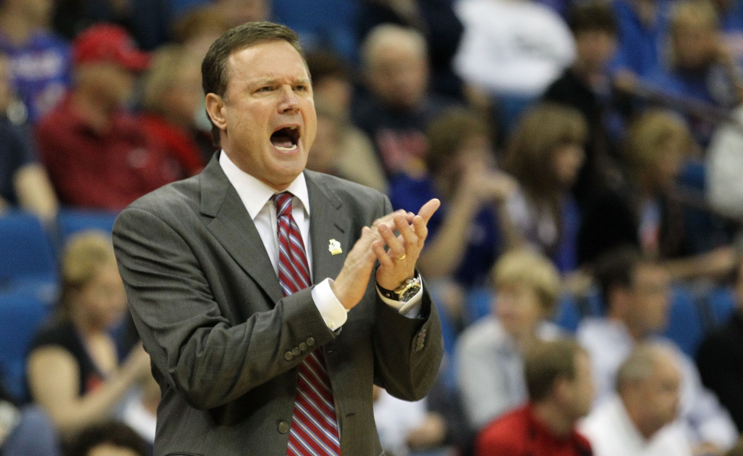 TULSA, OK - MARCH 18:  Head coach Bill Self of the Kansas Jayhawks yells during the second round game against the Boston University Terriers in the 2011 NCAA men's basketball tournament at BOK Center on March 18, 2011 in Tulsa, Oklahoma.  (Photo by Ronald