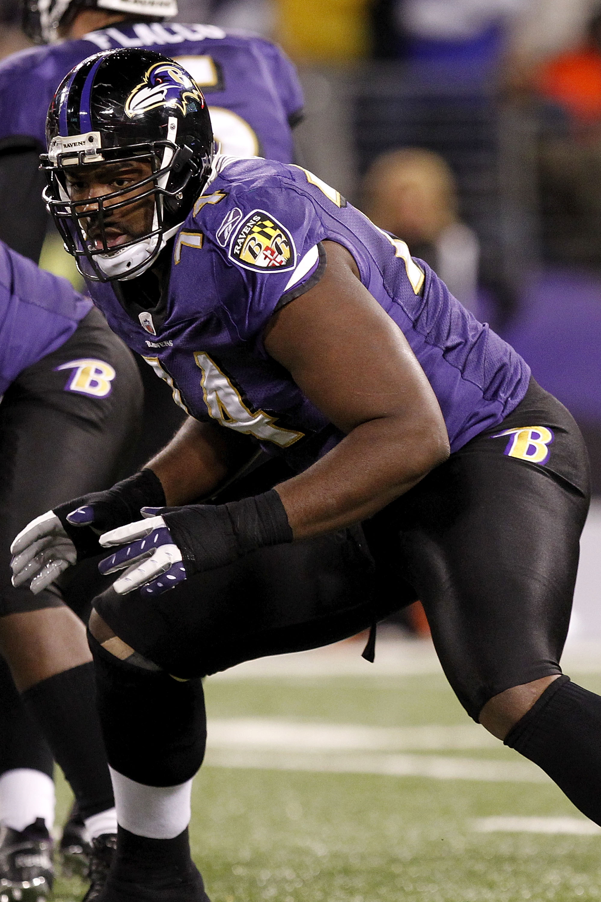BALTIMORE, MD - DECEMBER 05:  Michael Oher #74 of the Baltimore Ravens blocks against the Pittsburgh Steelers at M&T Bank Stadium on December 5, 2010 in Baltimore, Maryland.  (Photo by Geoff Burke/Getty Images)