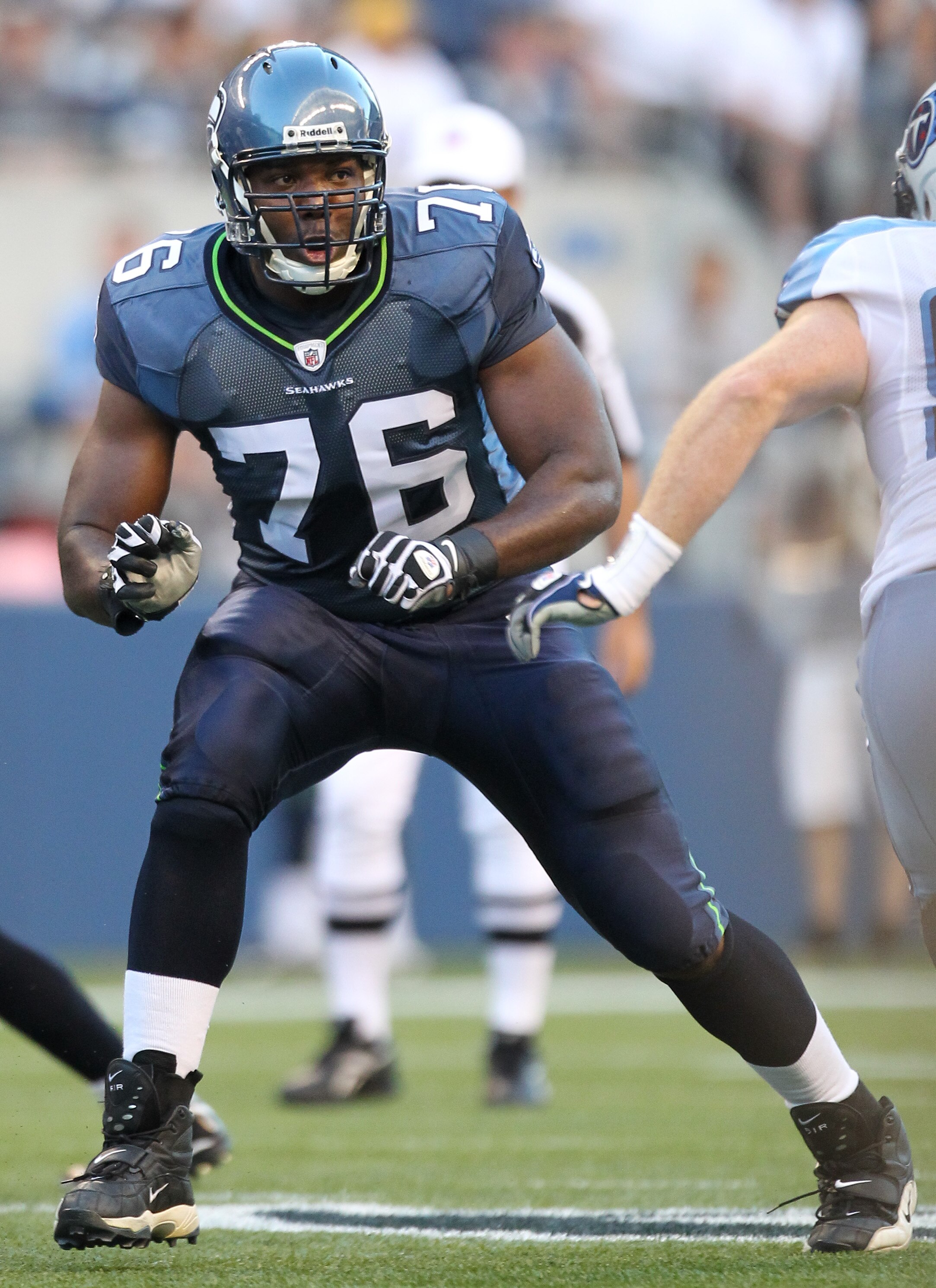 SEATTLE - AUGUST 14:  Tackle Russell Okung #76 of the Seattle Seahawks pass blocks during the preseason game against the Tennessee Titans at Qwest Field on August 14, 2010 in Seattle, Washington. (Photo by Otto Greule Jr/Getty Images)