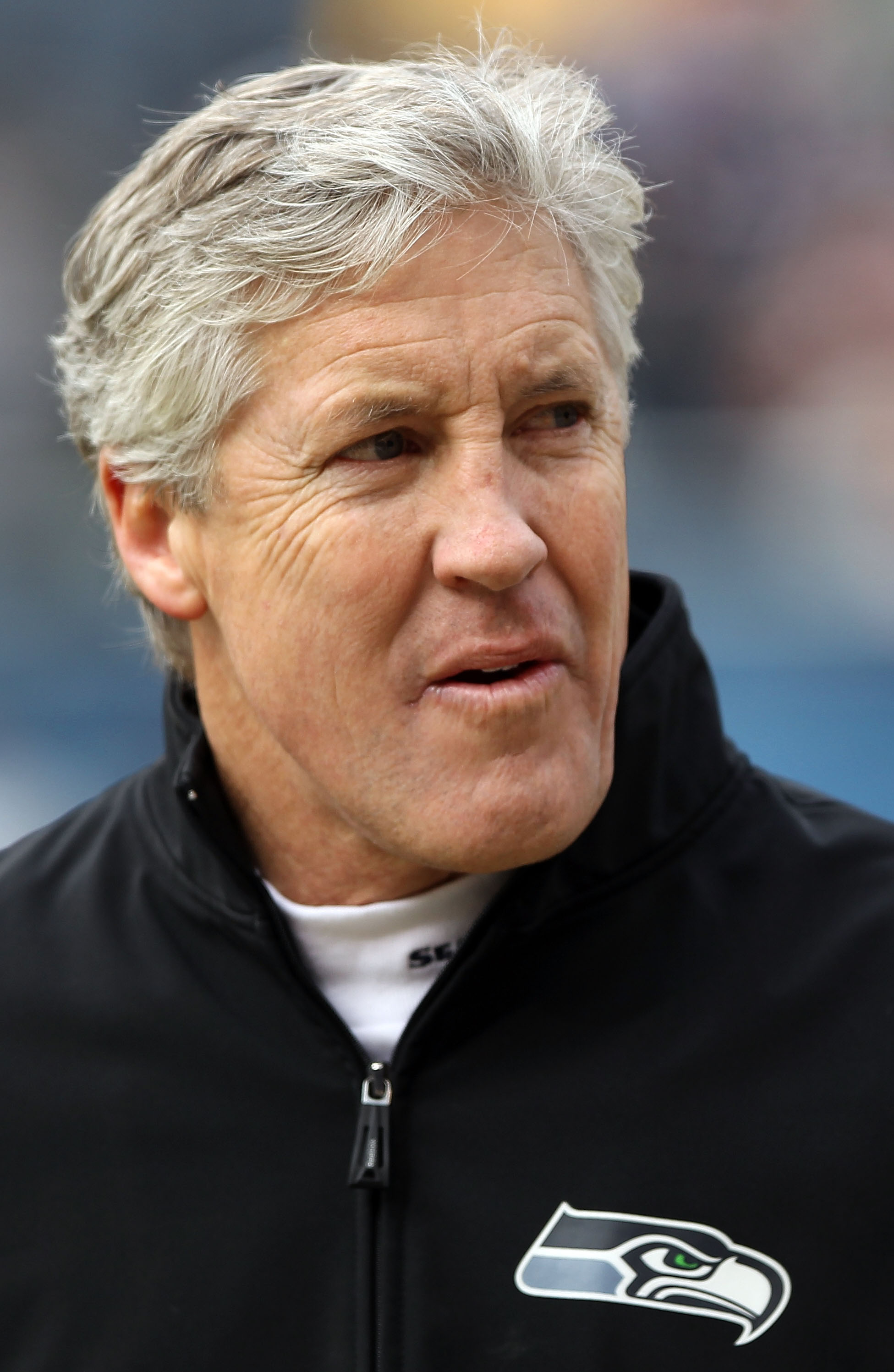 CHICAGO, IL - JANUARY 16:  Head coach Pete Carroll of the Seattle Seahawks looks on during pregame warmups before the Seahawks take on the Chicago Bears in the 2011 NFC divisional playoff game at Soldier Field on January 16, 2011 in Chicago, Illinois.  (P