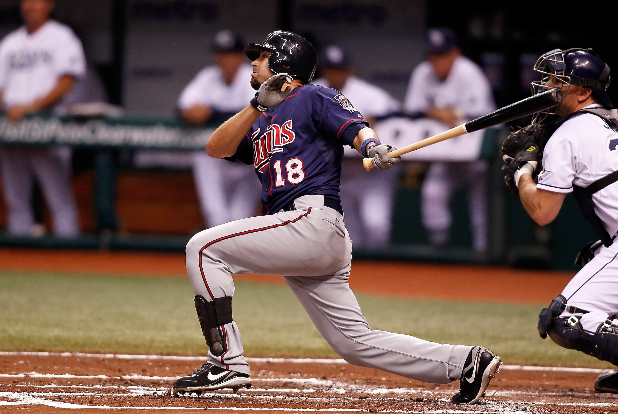 ST. PETERSBURG - AUGUST 04: Outfielder Jason Repko #18 of the Minnesota Twins doubles in a run in the second inning against the Tampa Bay Rays at Tropicana Field on August 4, 2010 in St. Petersburg, Florida. (Photo by J. Meric/Getty Images) ST. PETERSBURG - AUGUST 04: Outfielder Jason Repko #18 of the Minnesota Twins doubles in a run in the second inning against the Tampa Bay Rays at Tropicana Field on August 4, 2010 in St. Petersburg, Florida. (Photo by J. Meric/Getty Images)