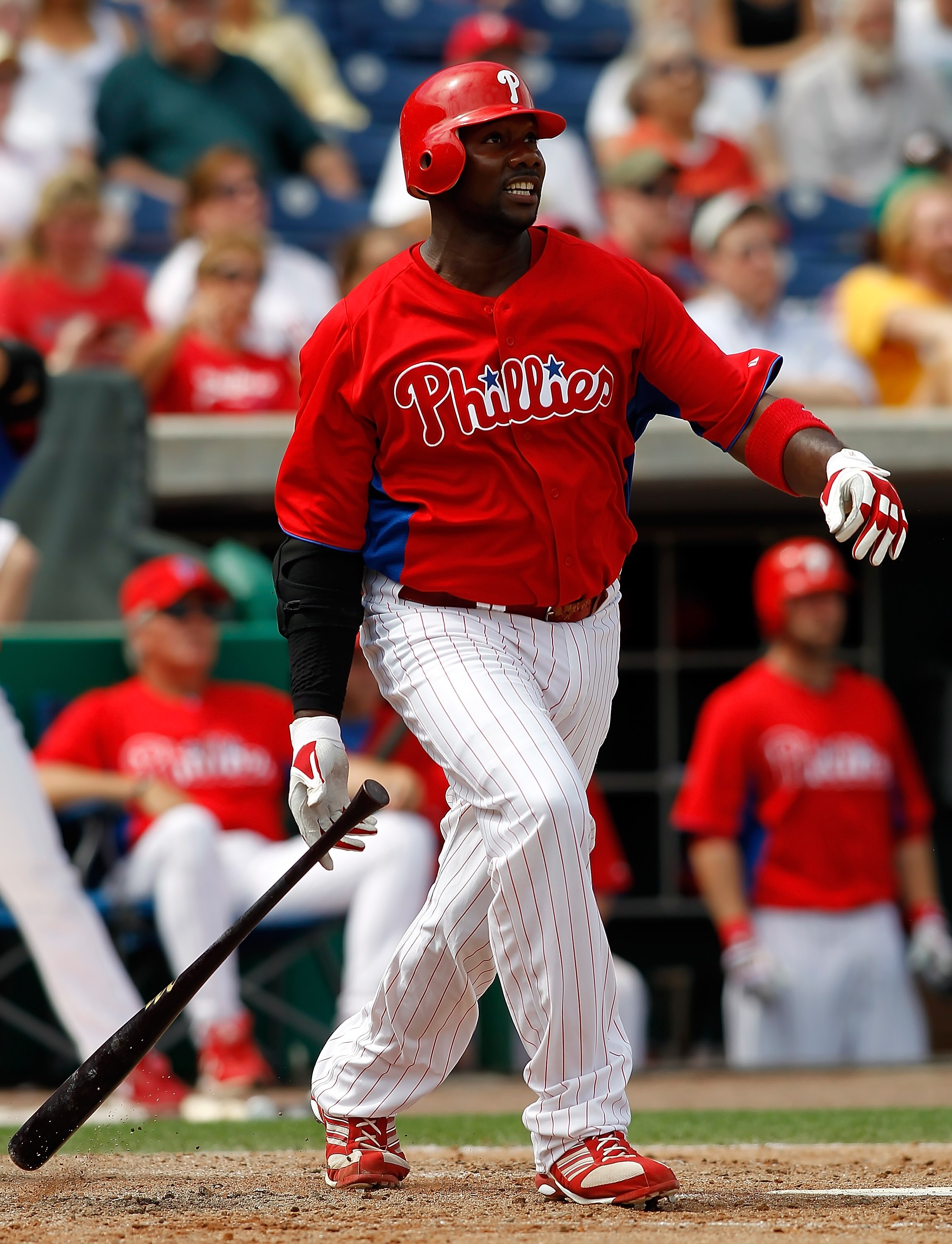 CLEARWATER, FL - MARCH 06:  First baseman Ryan Howard #6 of the Philadelphia Phillies watches his second inning home run against the Tampa Bay Rays during a Grapefruit League Spring Training Game at Bright House Field on March 6, 2011 in Sarasota, Florida