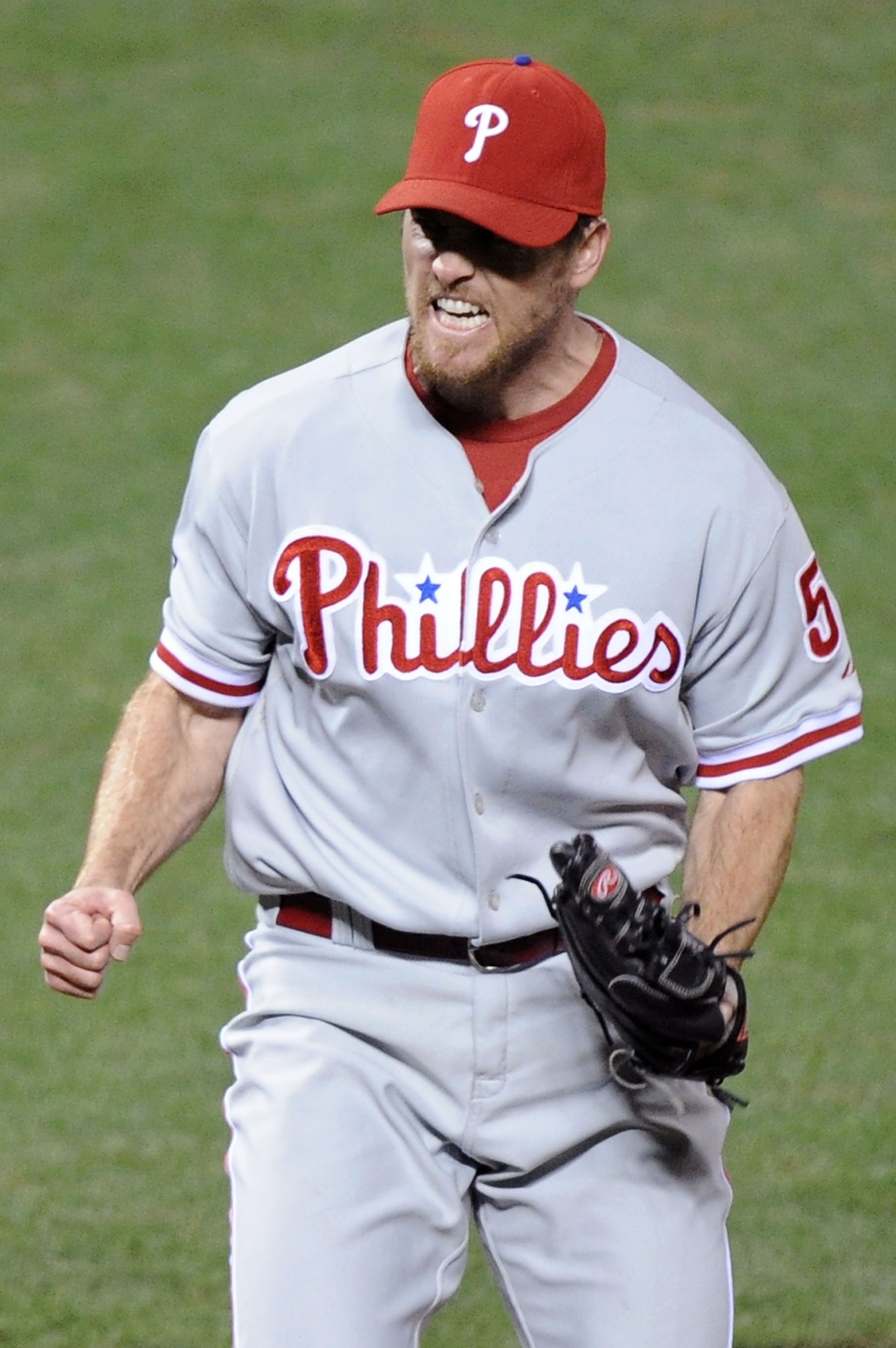 SAN FRANCISCO - OCTOBER 21:  Brad Lidge #54 of the Philadelphia Phillies reacts after defeating the San Francisco Giants 4-2 in Game Five of the NLCS during the 2010 MLB Playoffs at AT&T Park on October 21, 2010 in San Francisco, California.  (Photo by Ha