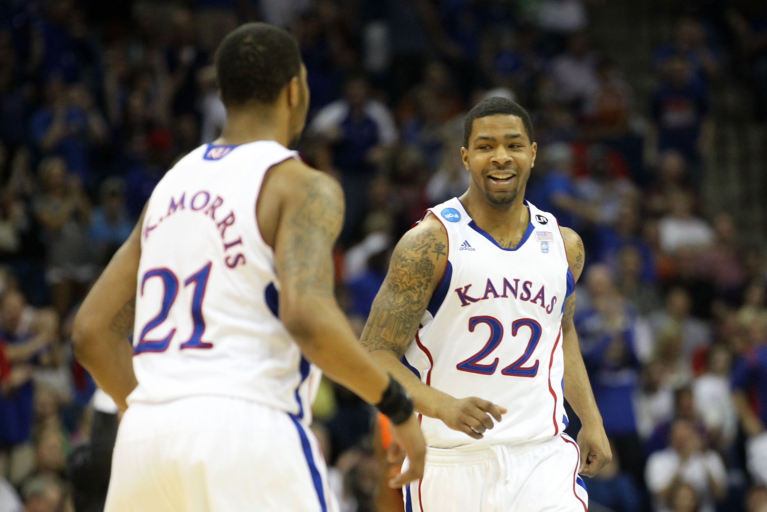 TULSA, OK - MARCH 20:  Marcus Morris #22 of the Kansas Jayhawks reacts to a play against the Illinois Fighting Illini during the third round of the 2011 NCAA men's basketball tournament at BOK Center on March 20, 2011 in Tulsa, Oklahoma.  (Photo by Ronald