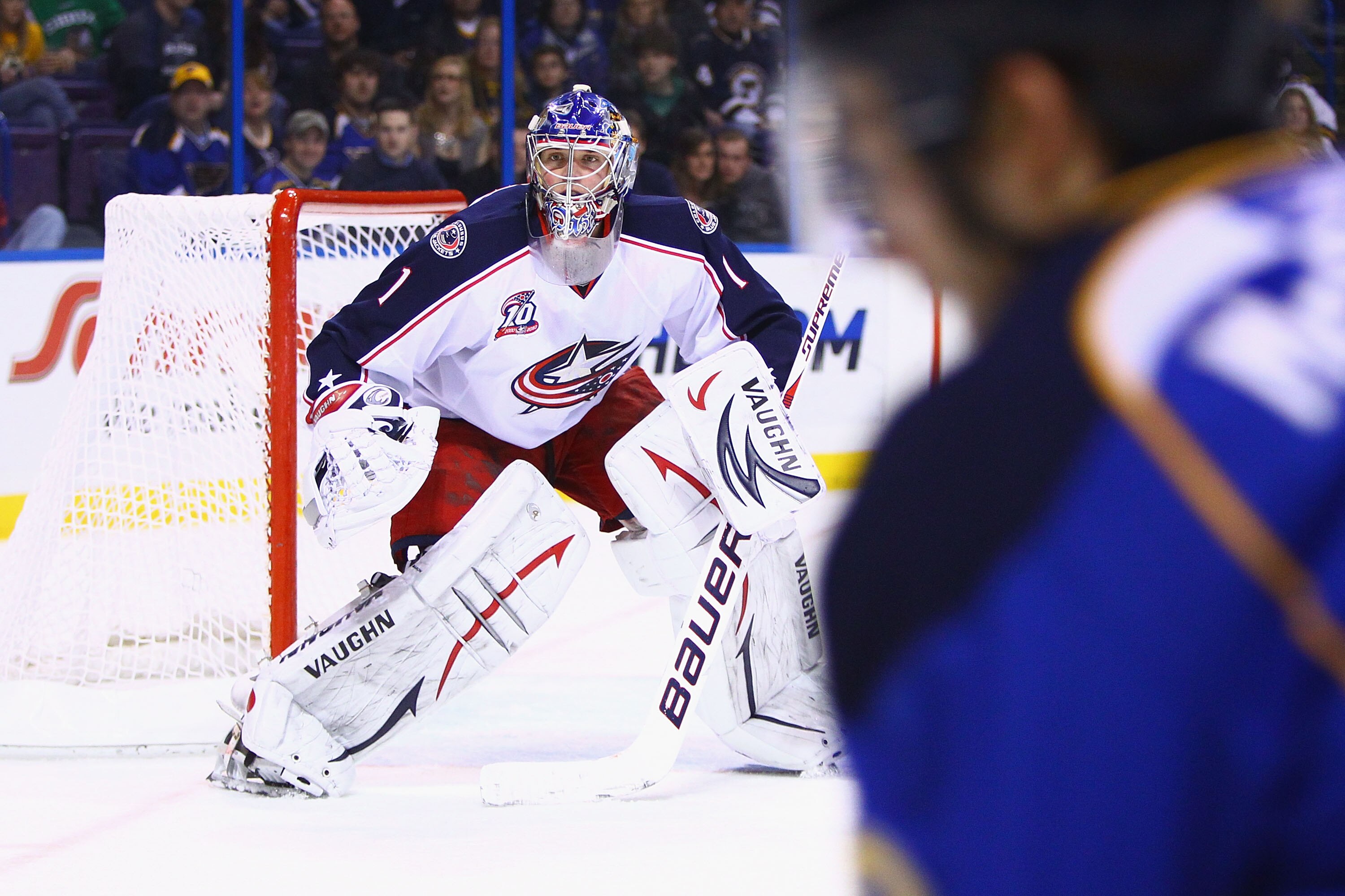 ST. LOUIS, MO - MARCH 7: Steve Mason #1 of the Columbus Blue Jackets looks to make a save against the St. Louis Blues at the Scottrade Center on March 7, 2011 in St. Louis, Missouri.  The Blues beat the Bluejackets 5-4 in a shoot out.  (Photo by Dilip Vis