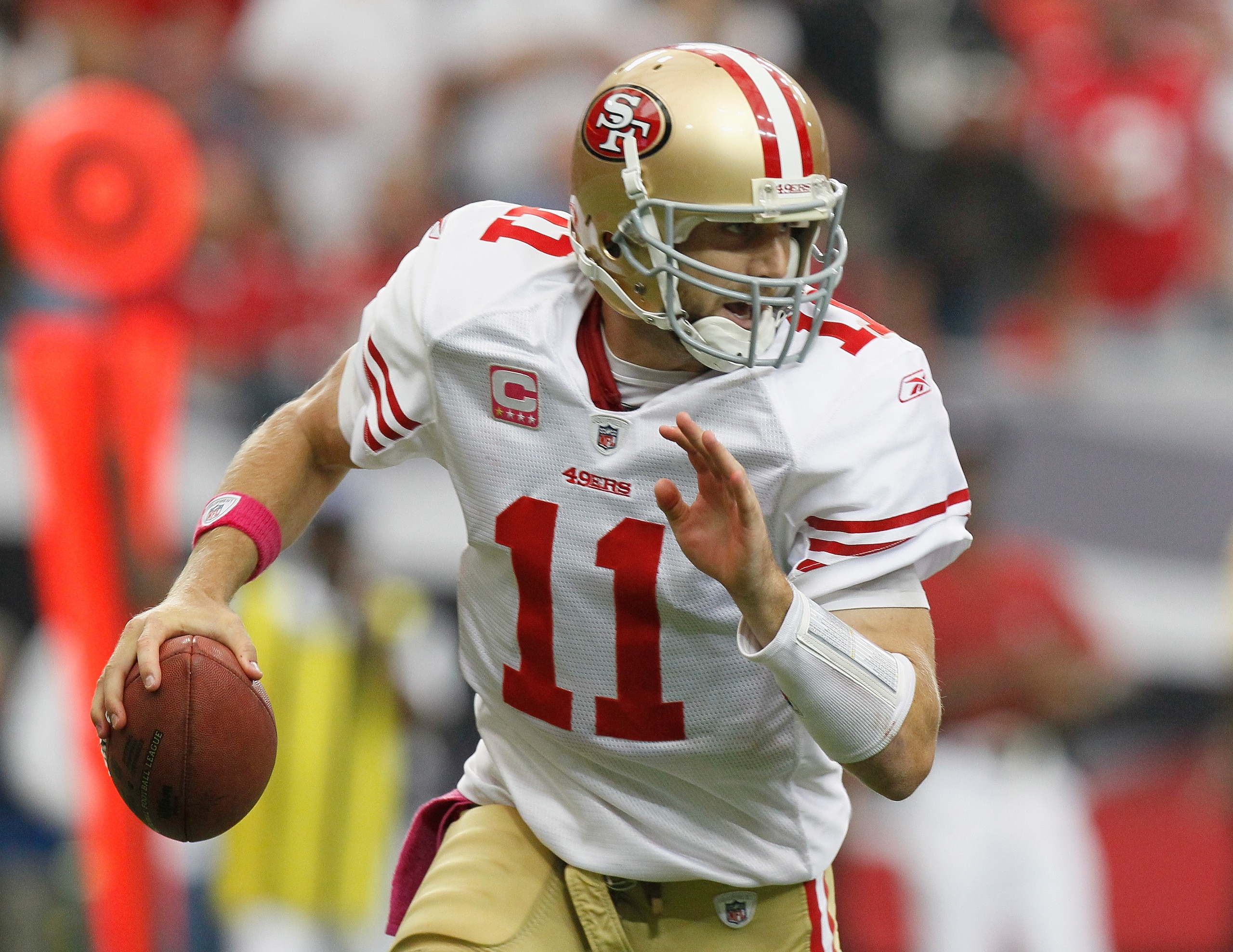 ATLANTA - OCTOBER 03:  Quarterback Alex Smith #11 of the San Francisco 49ers against the Atlanta Falcons at Georgia Dome on October 3, 2010 in Atlanta, Georgia.  (Photo by Kevin C. Cox/Getty Images)