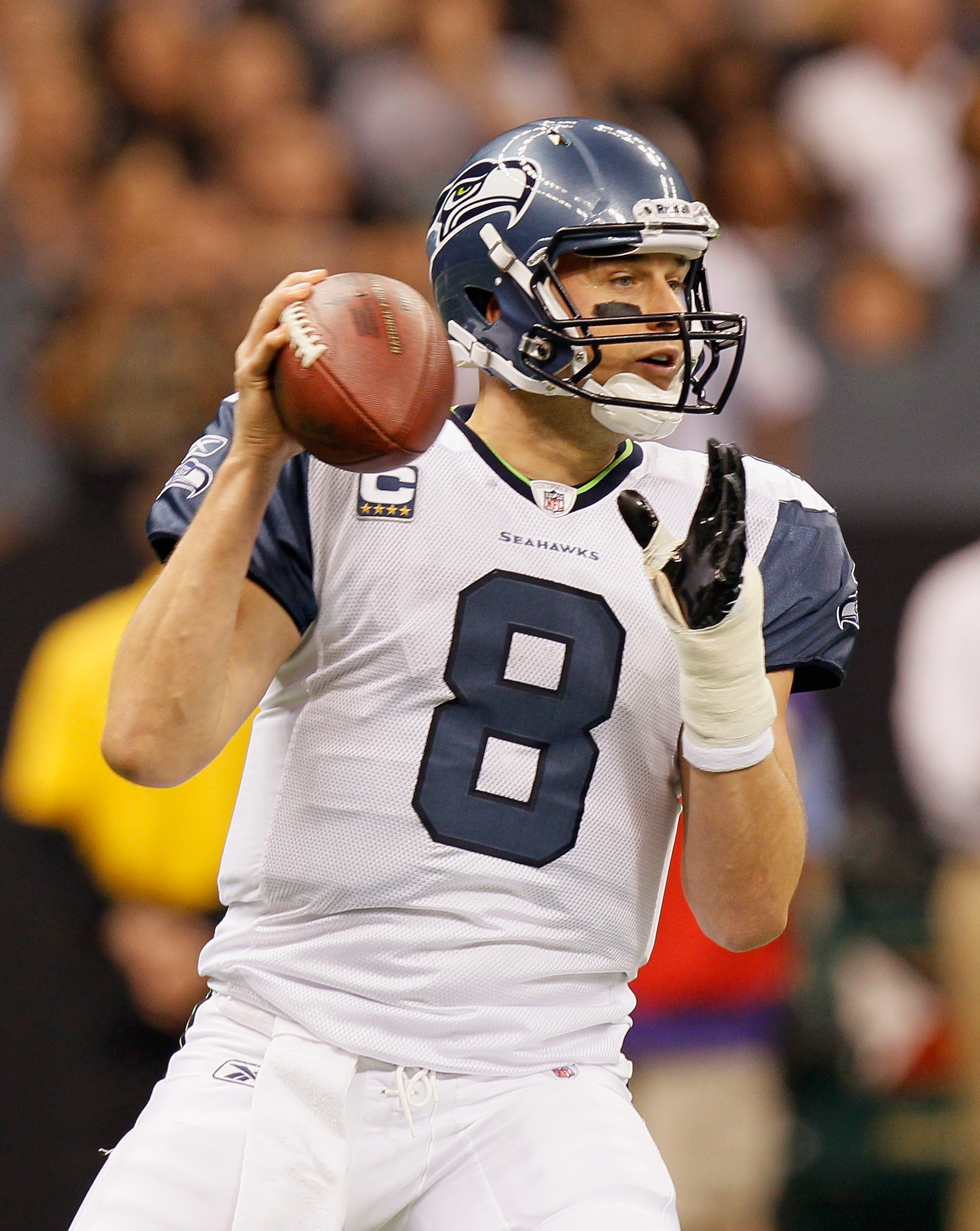 NEW ORLEANS - NOVEMBER 21:  Quarterback Matt Hasselbeck #8 of the Seattle Seahawks against the New Orleans Saints at Louisiana Superdome on November 21, 2010 in New Orleans, Louisiana.  (Photo by Kevin C. Cox/Getty Images)