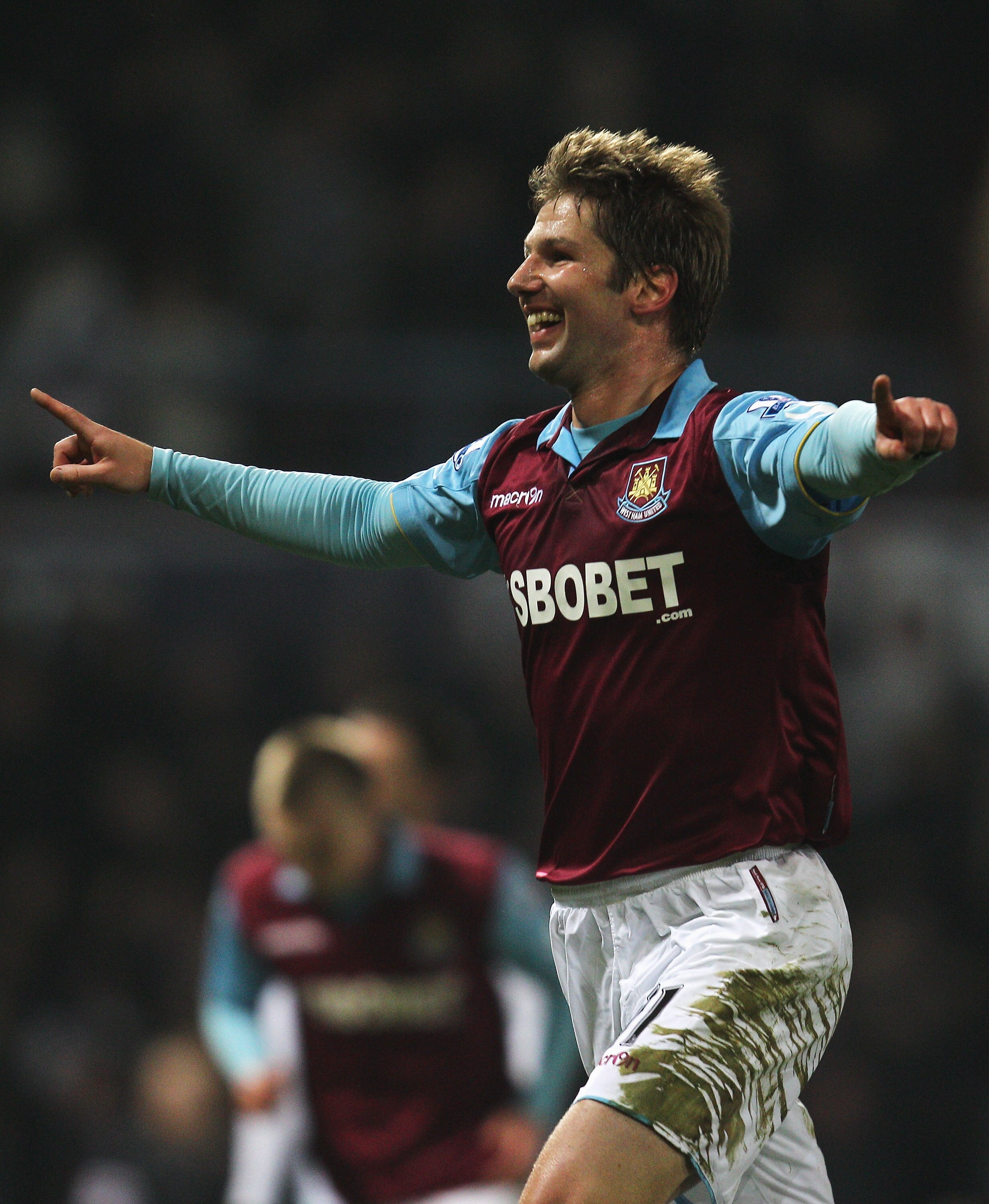 LONDON, ENGLAND - FEBRUARY 21:  Thomas Hitzlsperger of West Ham United celebrates the opening goal during the FA Cup sponsored by E.ON 5th Round match between West Ham United and Burnley at the Boleyn Ground on February 21, 2011 in London, England.  (Phot
