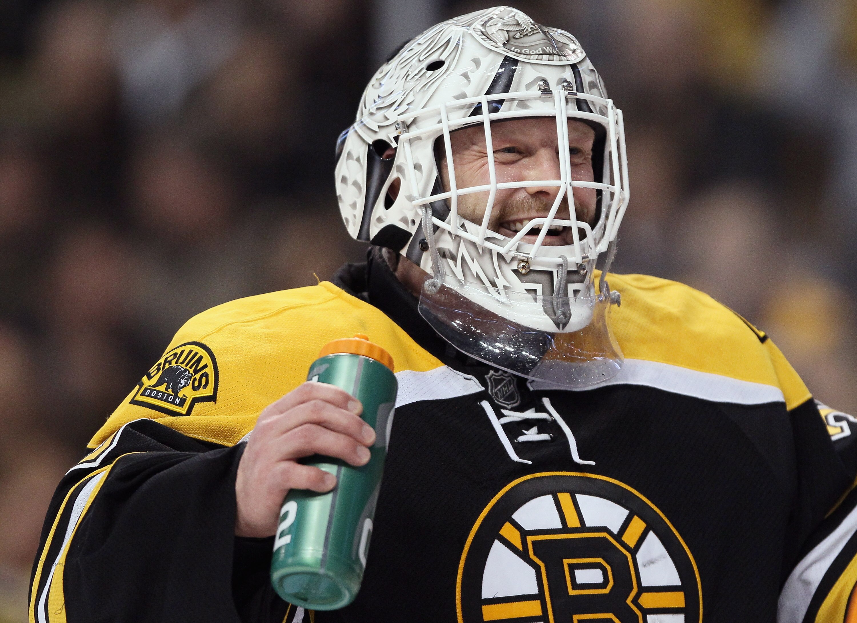 BOSTON, MA - MARCH 24:  Tim Thomas #30 of the Boston Bruins takes a drink during a stop in play in the second period against the Montreal Canadiens on March 24, 2011 at the TD Garden in Boston, Massachusetts.  (Photo by Elsa/Getty Images)