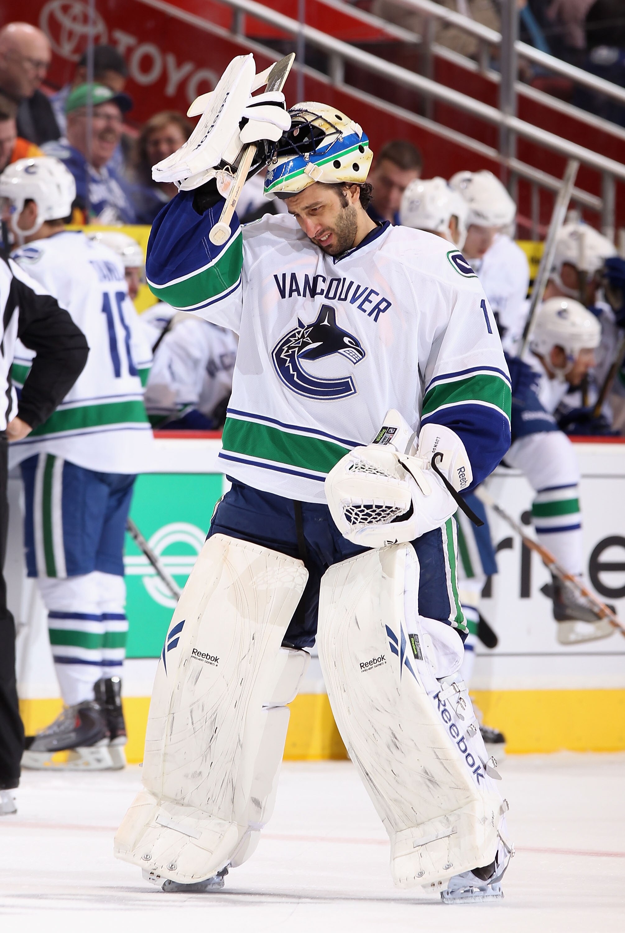 GLENDALE, AZ - MARCH 08:  Goaltender Roberto Luongo #1 of the Vancouver Canucks during the NHL game against the Phoenix Coyotes at Jobing.com Arena on March 8, 2011 in Glendale, Arizona. The Canucks defeated the Coyotes 4-3 in overtime.  (Photo by Christi