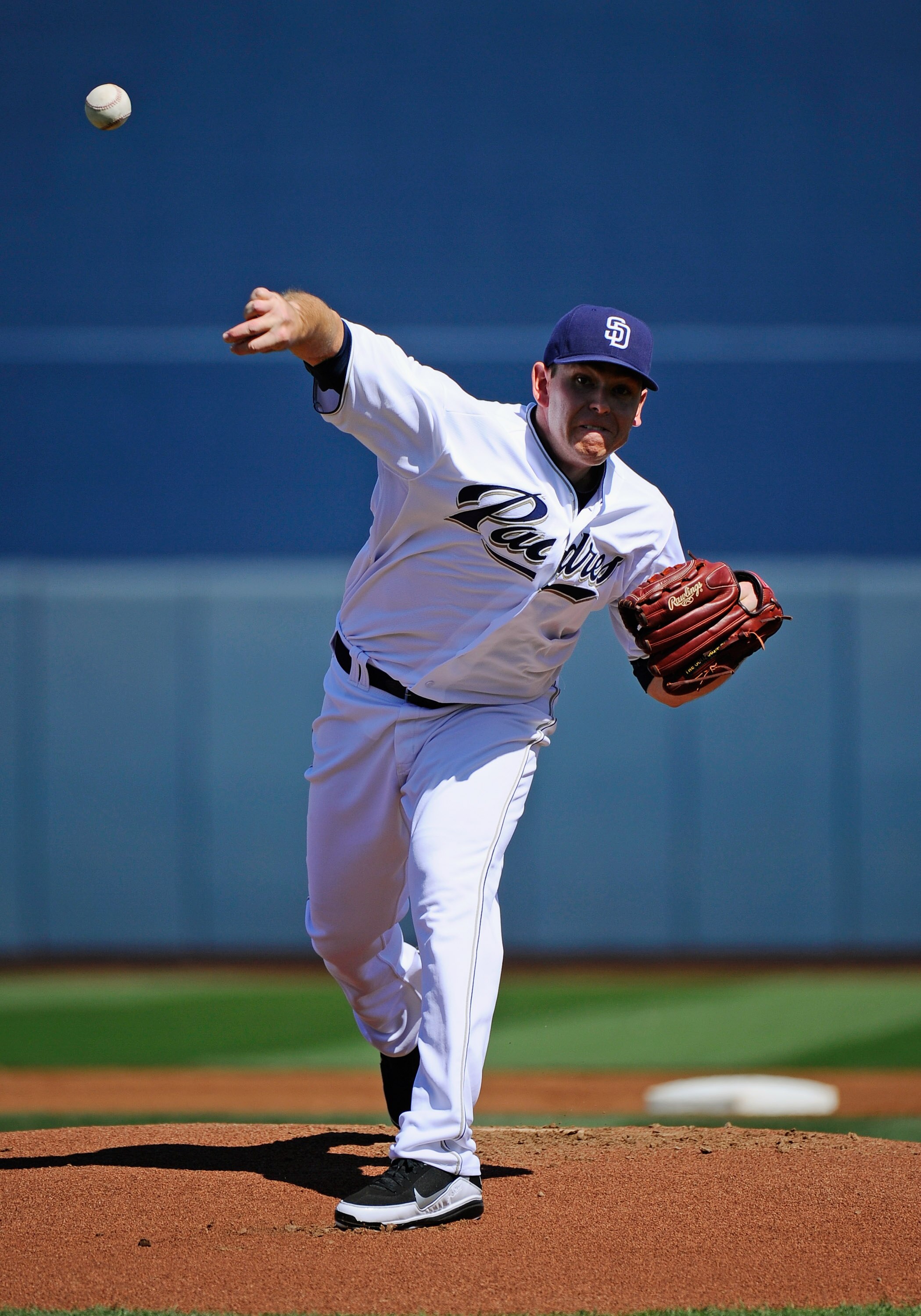 PEORIA, AZ - MARCH 13:  Pitcher Tim Stauffer #46 of the San Diego Padres throws a pitch against the Cleveland Indians during the spring training baseball game at Peoria Stadium on March 13, 2011 in Peoria, Arizona.  (Photo by Kevork Djansezian/Getty Image