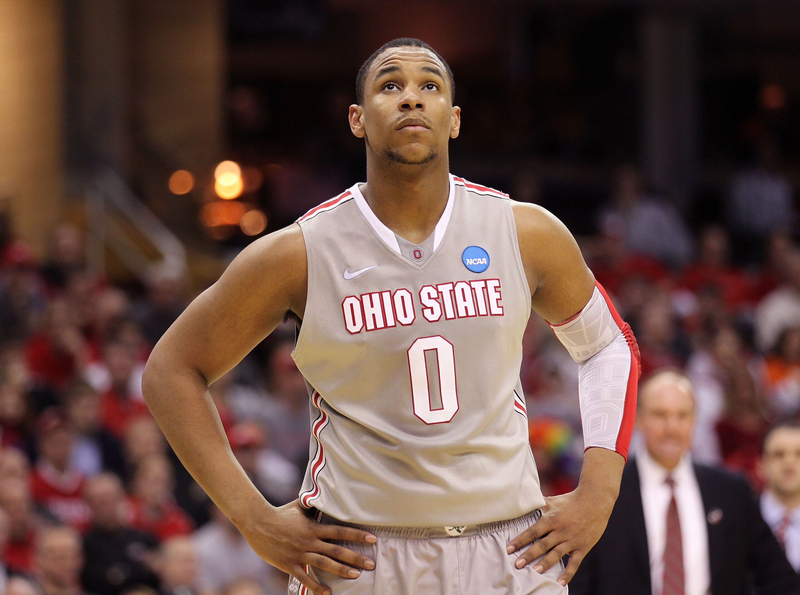CLEVELAND, OH - MARCH 20:  Jared Sullinger #0 of the Ohio State Buckeyes looks on during the game against the George Mason Patriots during the third of the 2011 NCAA men's basketball tournament at Quicken Loans Arena on March 20, 2011 in Cleveland, Ohio. 