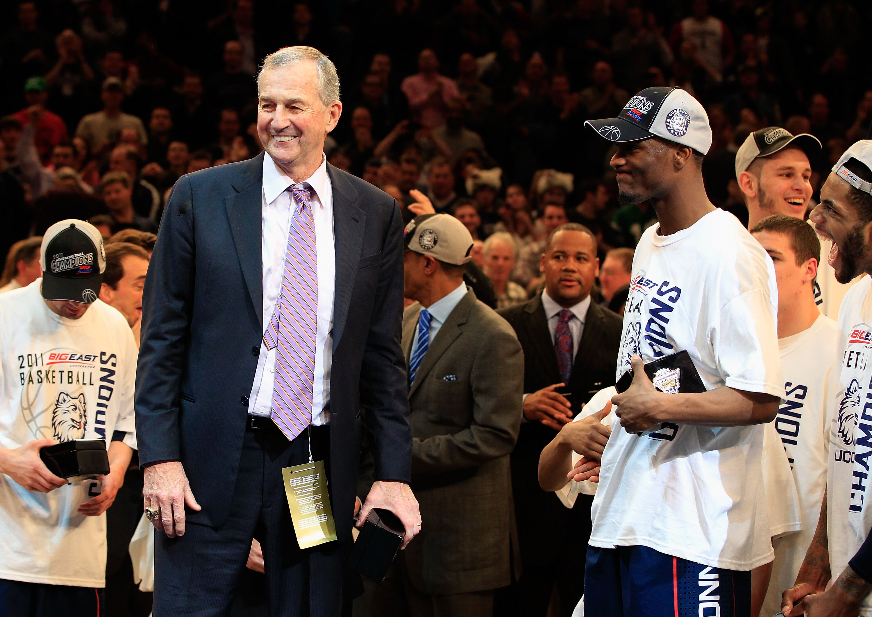 NEW YORK, NY - MARCH 12: Head coach Jim Calhoun and Kemba Walker #15 of the Connecticut Huskies celebrate after defeating the Louisville Cardinals during the championship of the 2011 Big East Men's Basketball Tournament presented by American Eagle Outfitt