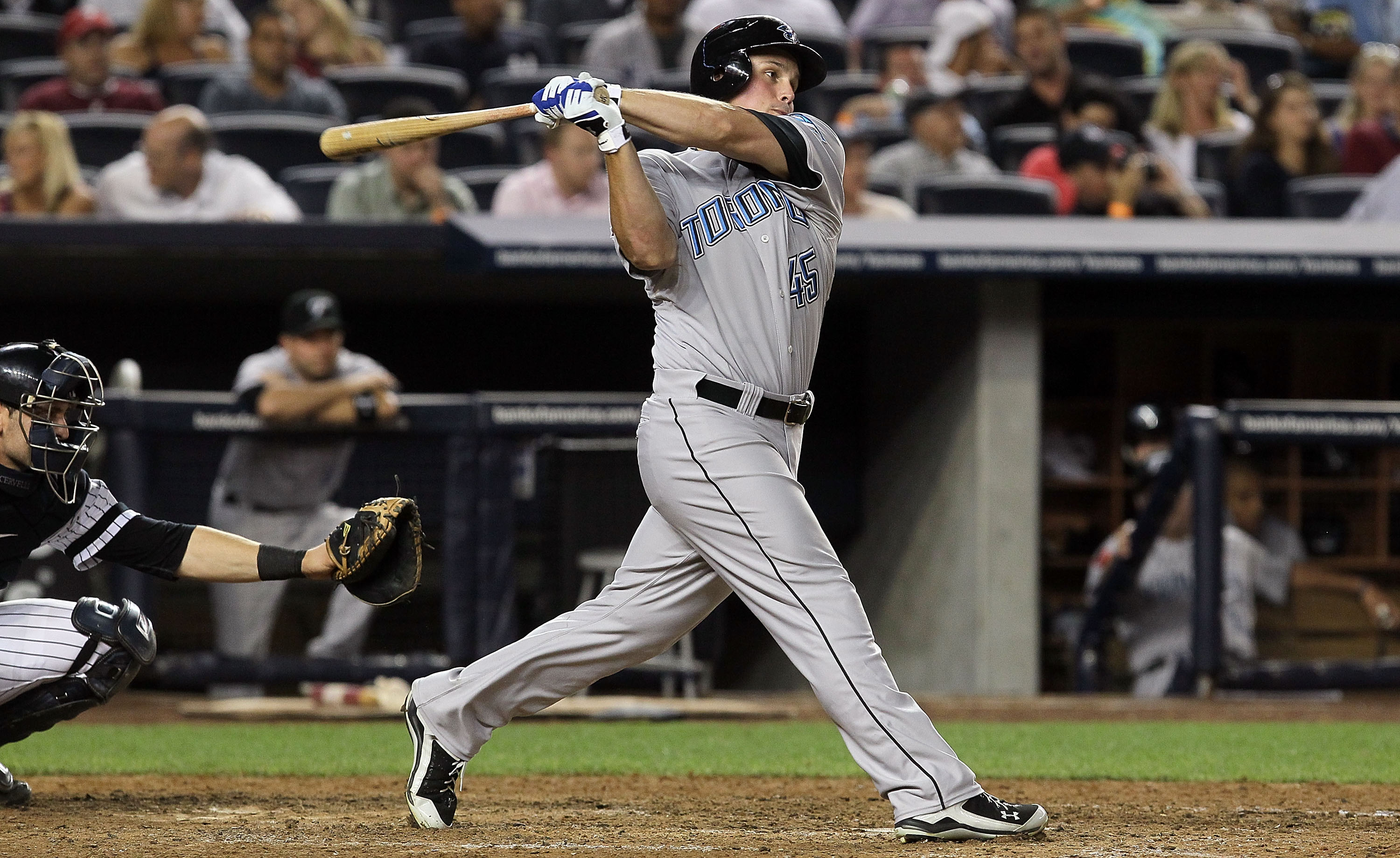 NEW YORK - AUGUST 03:  Travis Snider #45 of the Toronto Blue Jays bats against of the New York Yankees on August 3, 2010 at Yankee Stadium in the Bronx borough of New York City. The Jays defeated the Yankees 8-2.  (Photo by Jim McIsaac/Getty Images)
