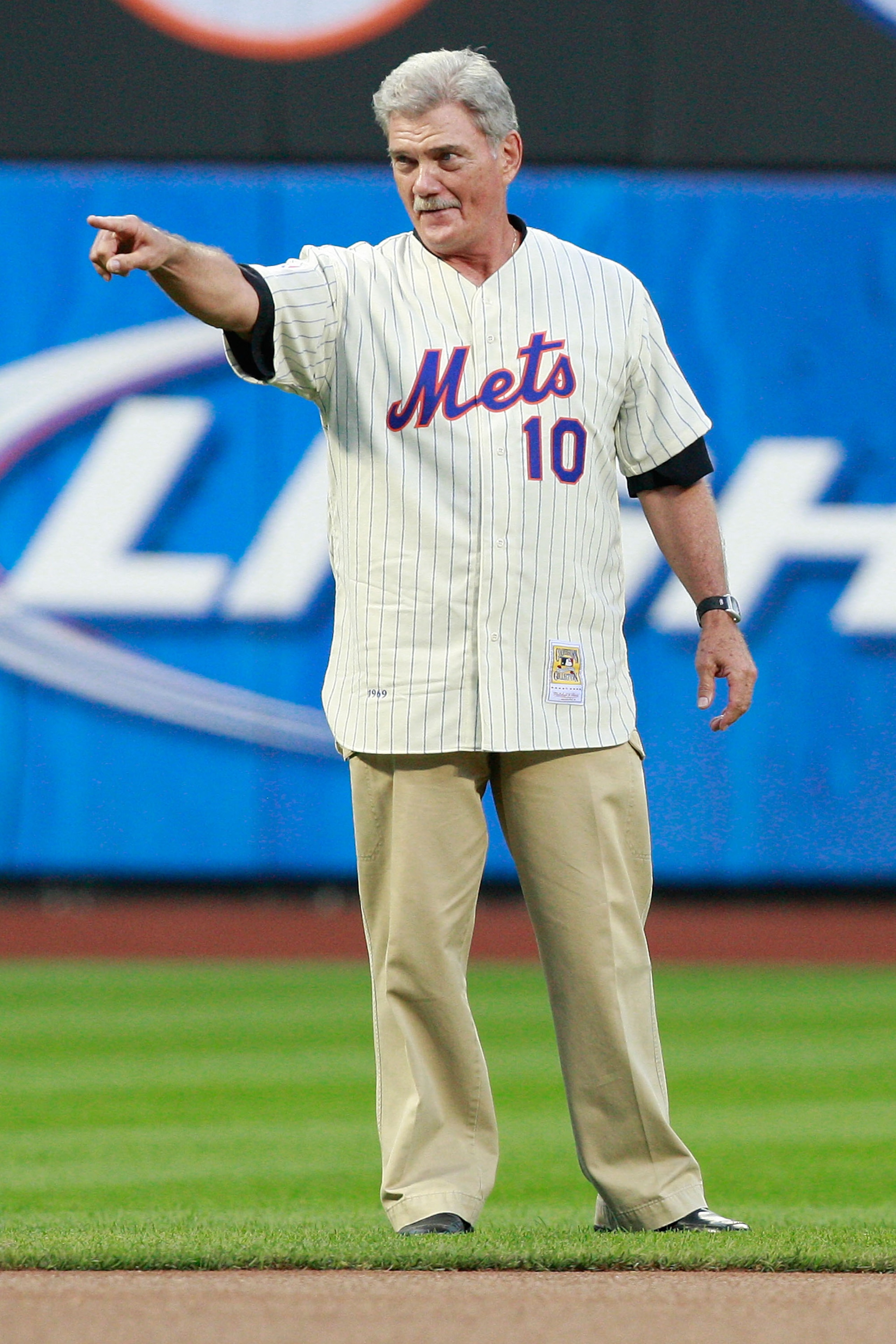 NEW YORK - AUGUST 22: Duffy Dyer stands in the outfield during the presentation commemorating the New York Mets 40th anniversary of the 1969 World Championship team on August 22, 2009 at Citi Field in the Flushing neighborhood of the Queens borough of New