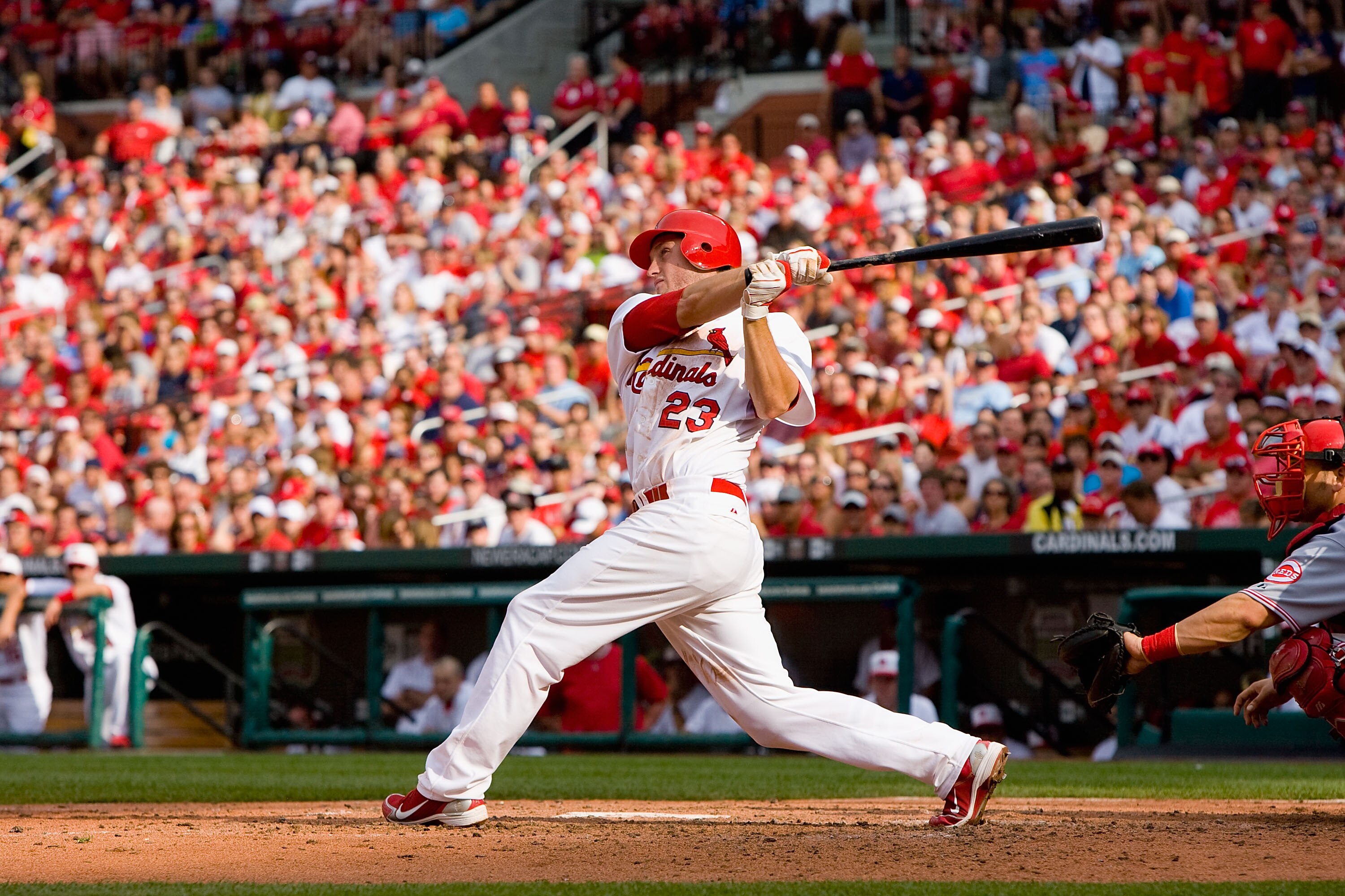 ST. LOUIS - MAY 31: David Freese #23 of the St. Louis Cardinals bats against the Cincinnati Reds at Busch Stadium on May 31, 2010 in St. Louis, Missouri.  (Photo by Dilip Vishwanat/Getty Images)