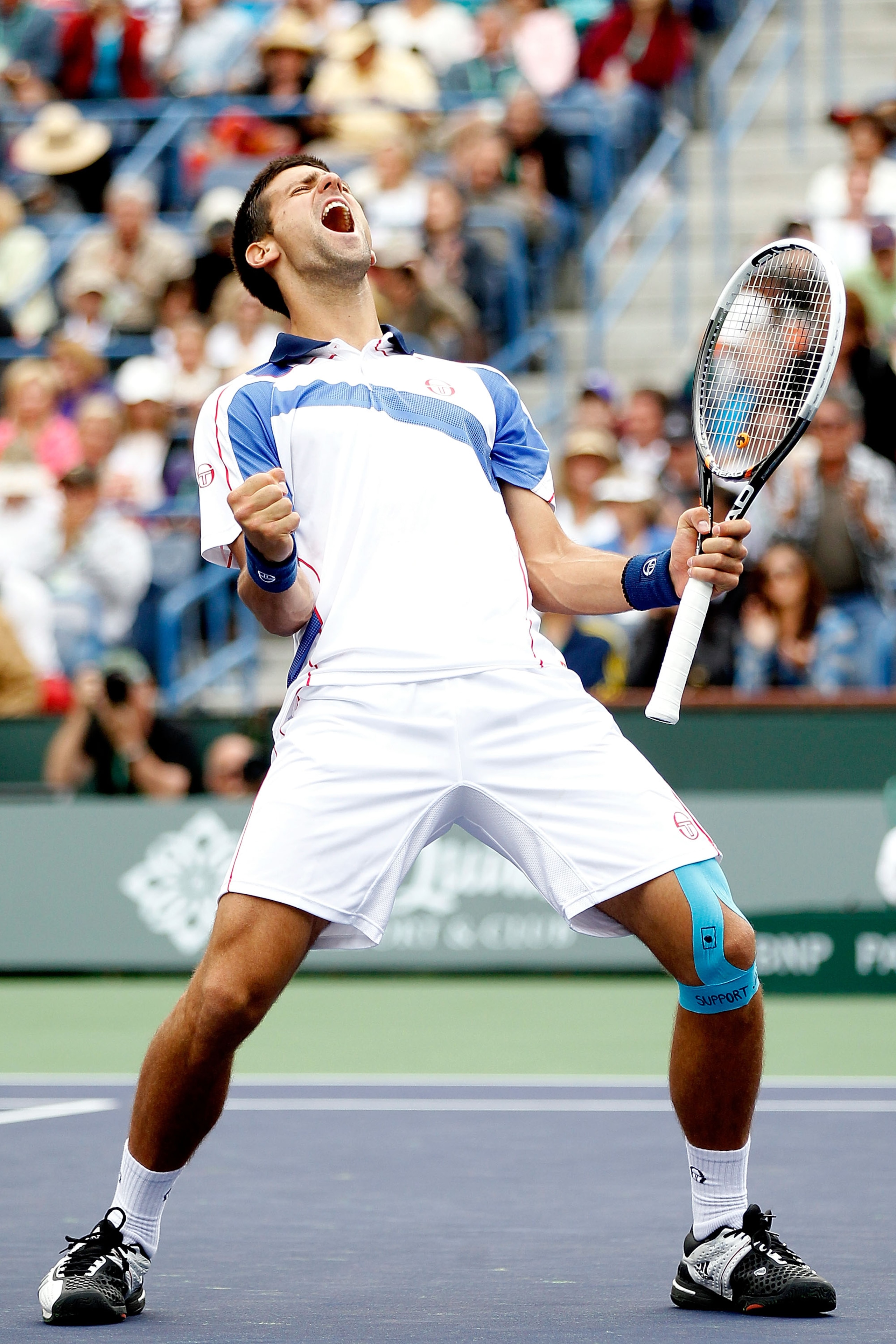 INDIAN WELLS, CA - MARCH 20:  Novak Djokovic of Serbia celebrates match point against Rafael Nadal of Spain during the final of the BNP Paribas Open at the Indian Wells Tennis Garden on March 20, 2011 in Indian Wells, California.  (Photo by Matthew Stockm
