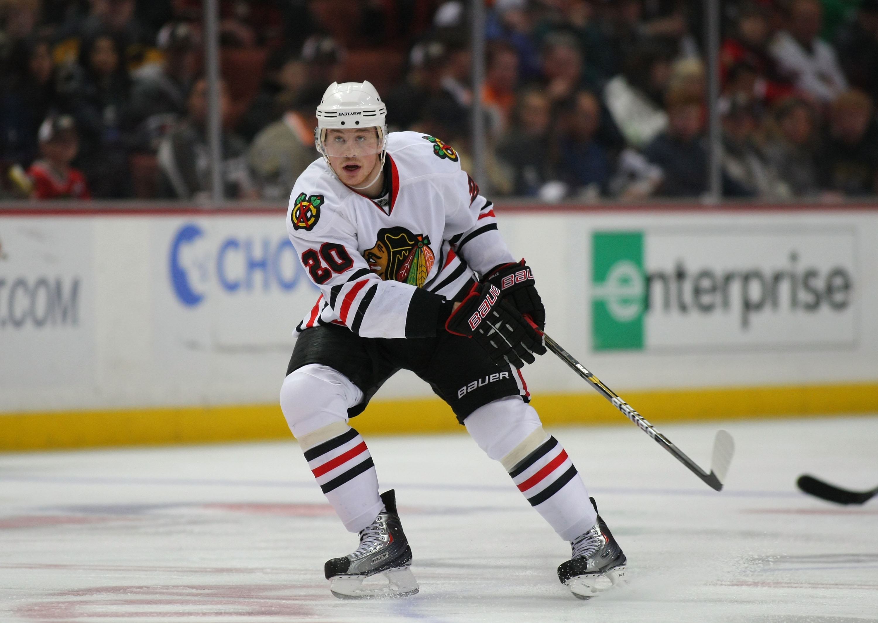 ANAHEIM, CA - JANUARY 02:  Jack Skille #20 of the Chicago Blackhawks skates against the Anaheim Ducks during the NHL game at Honda Center on January 2, 2011 in Anaheim, California. The Ducks defeated the Blackhawks 2-1.  (Photo by Victor Decolongon/Getty