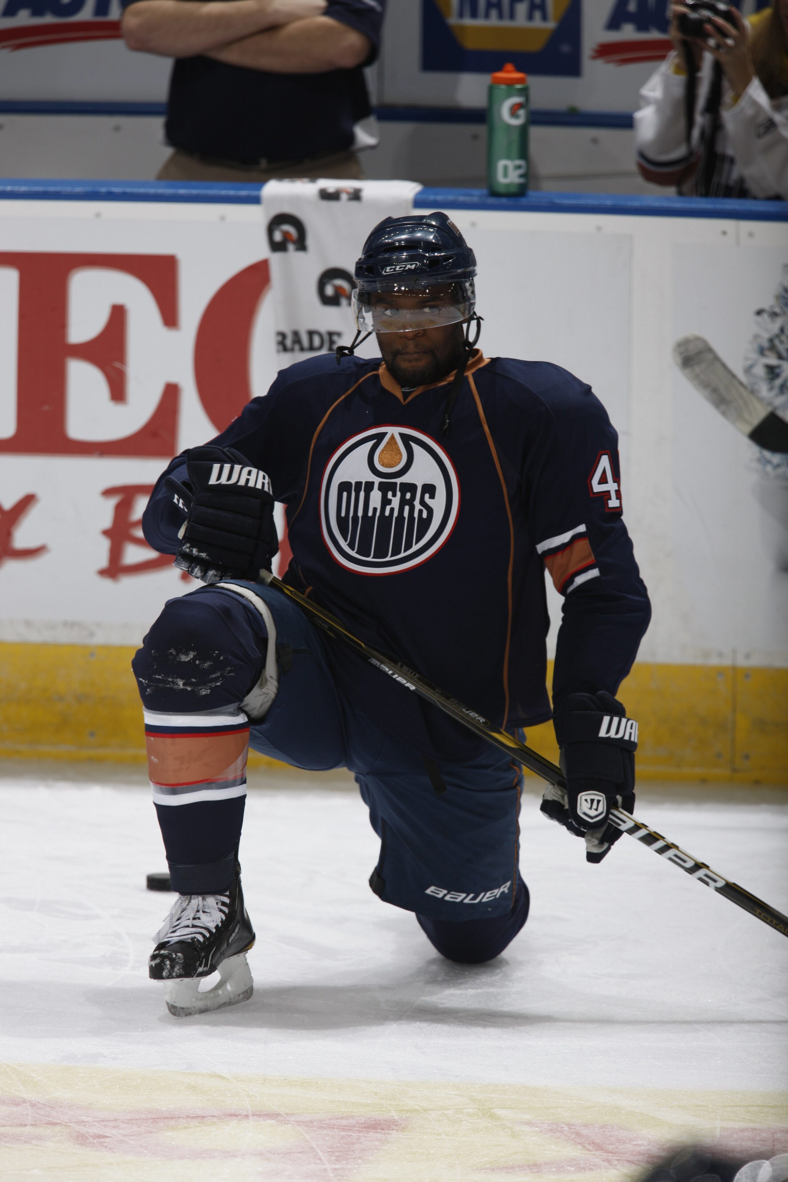 EDMONTON, CANADA - NOVEMBER 19: Shawn Belle #45 of the Edmonton Oilers looks on against the Phoenix Coyotes on November 19, 2010 at Rexall Place in Edmonton, Alberta, Canada. (Photo by Dale MacMillan/Getty Images)