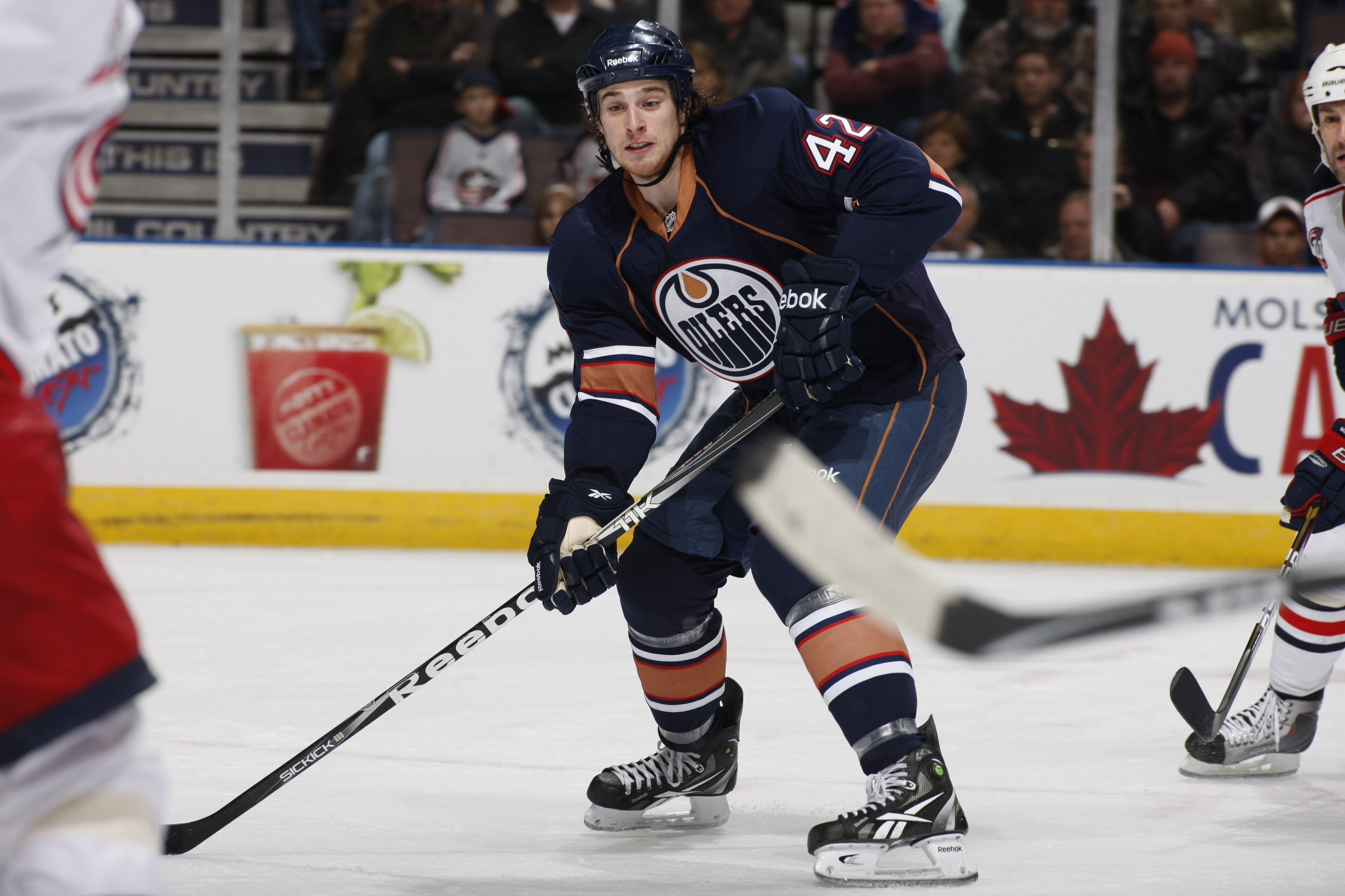 EDMONTON, CANADA - DECEMBER 16: Ryan O'Marra #42 of the Edmonton Oilers skates against the Columbus Blue Jackets on December 16, 2010 at Rexall Place in Edmonton, Alberta, Canada. (Photo by Dale MacMillan/Getty Images)
