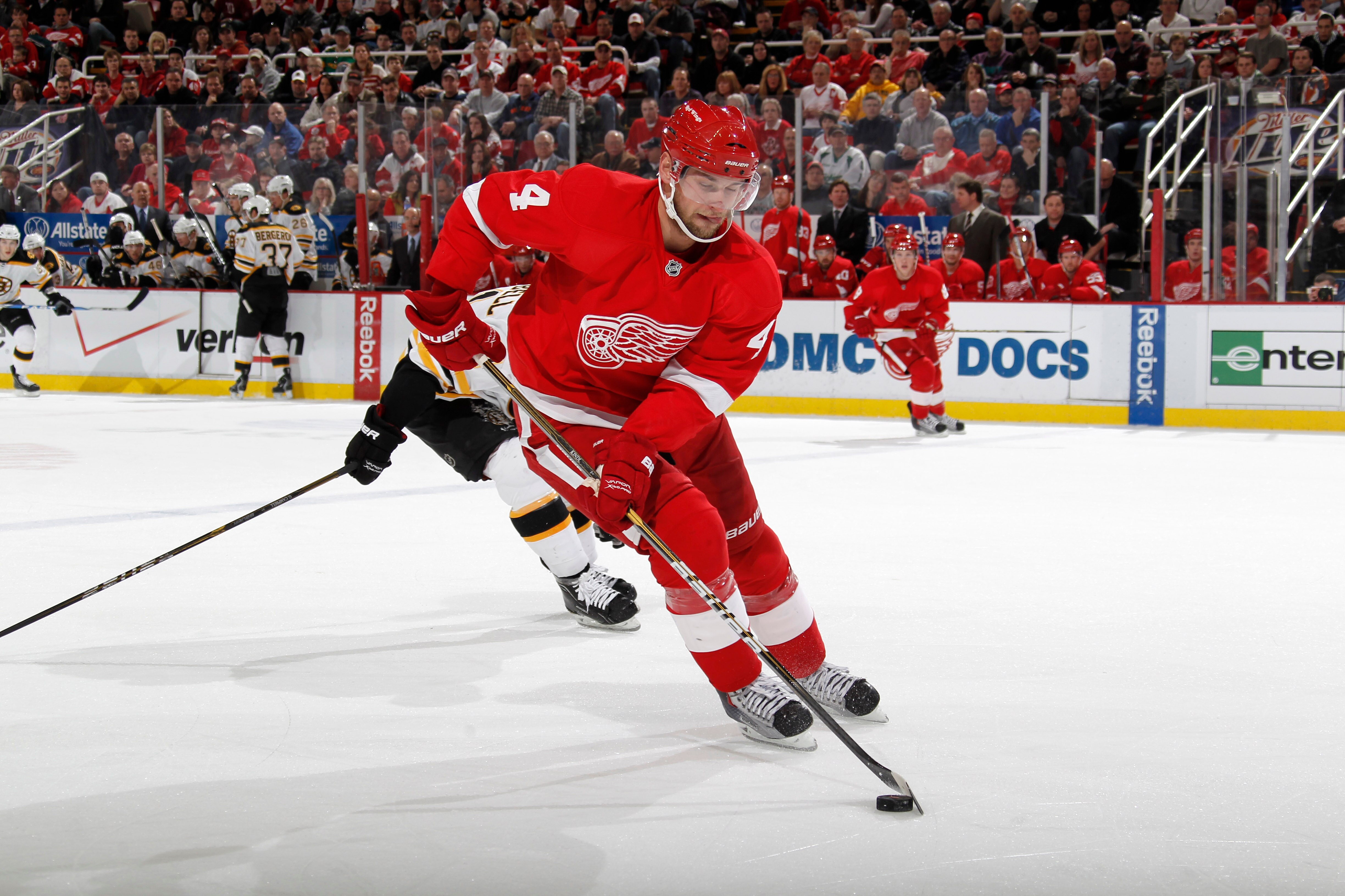 DETROIT, MI - FEBRUARY 13:  Jakub Kindl #4 of the Detroit Red Wings skates with the puck against the Boston Bruins on February 13, 2011 in Detroit, Michigan.  (Photo by Gregory Shamus/Getty Images)