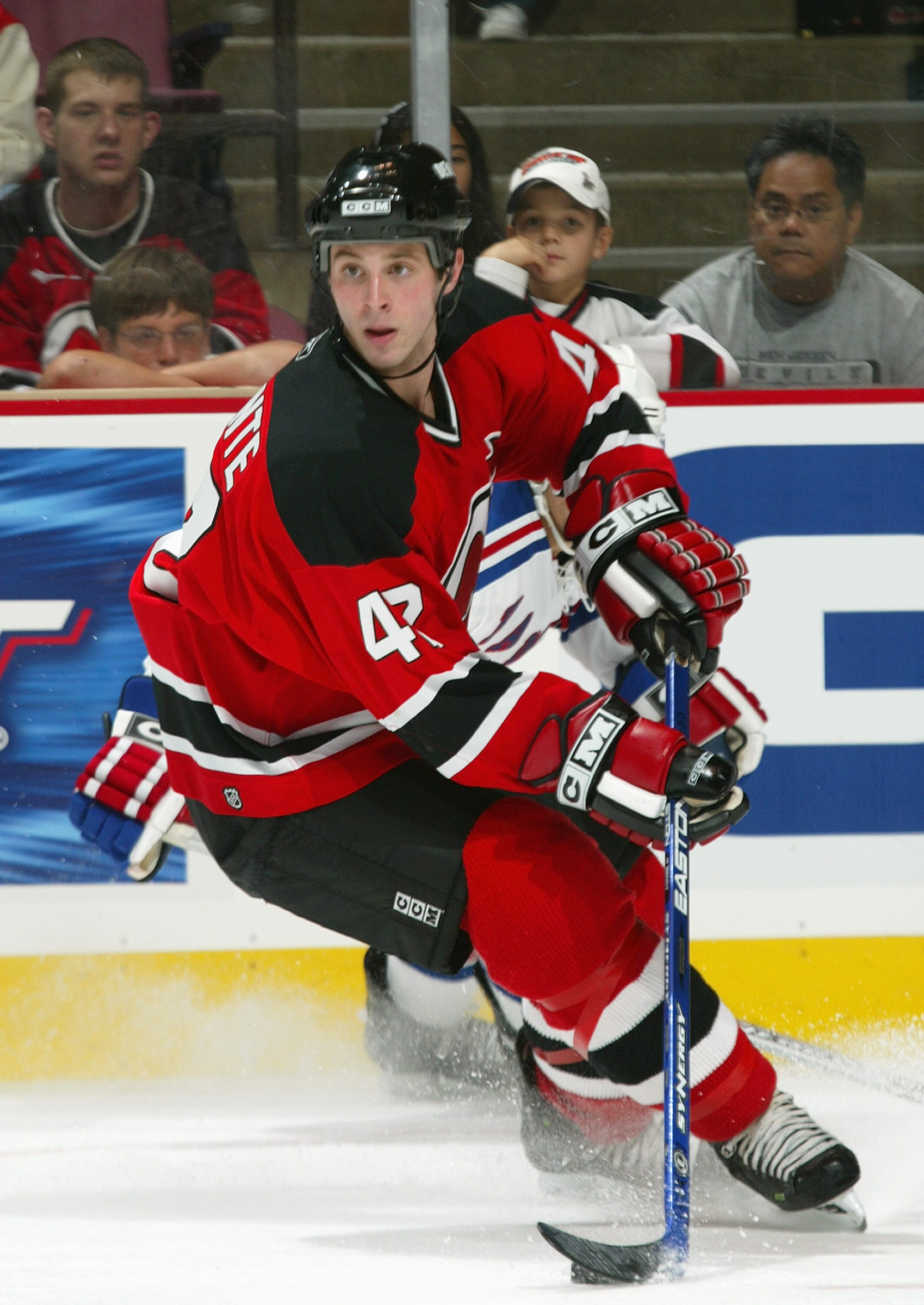 EAST RUTHERFORD, NJ - SEPTEMBER 19: Adrian Foster #47 of the New Jersey Devils skates during the game against the New York Rangers on September 19, 2006 at the Continental Airlines Arena in East Rutherford, New Jersey. (Photo by Bruce Bennett/Getty Images