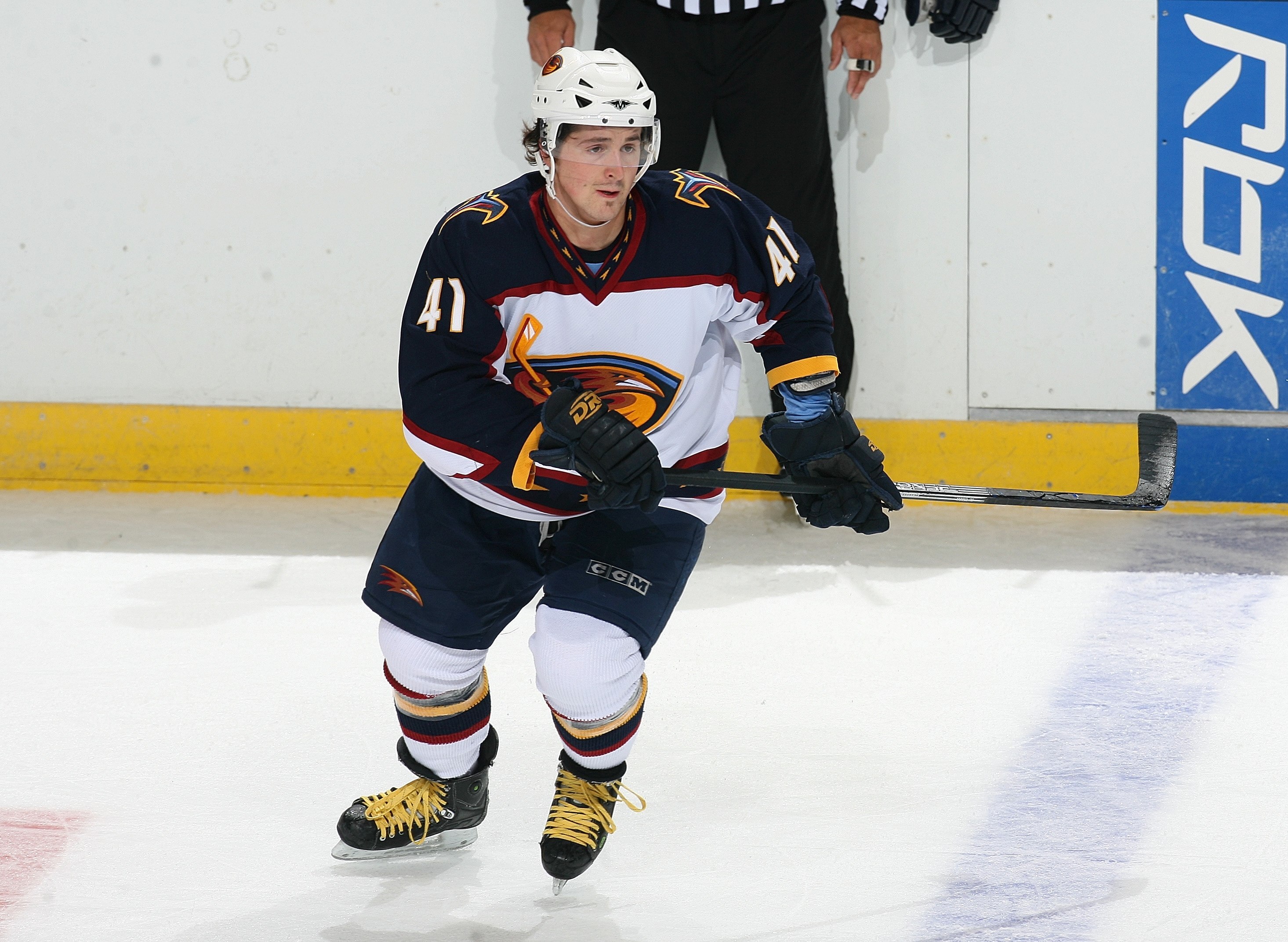 SUNRISE, FL - SEPTEMBER 27:  Alex Bourret #41 of the Atlanta Thrashers skates against the Florida Panthers during an NHL preseason game on September 27, 2006 at Bank Atlantic Center in Sunrise, Florida. The Panthers defeated the Thrashers 2-0. (Photo by S