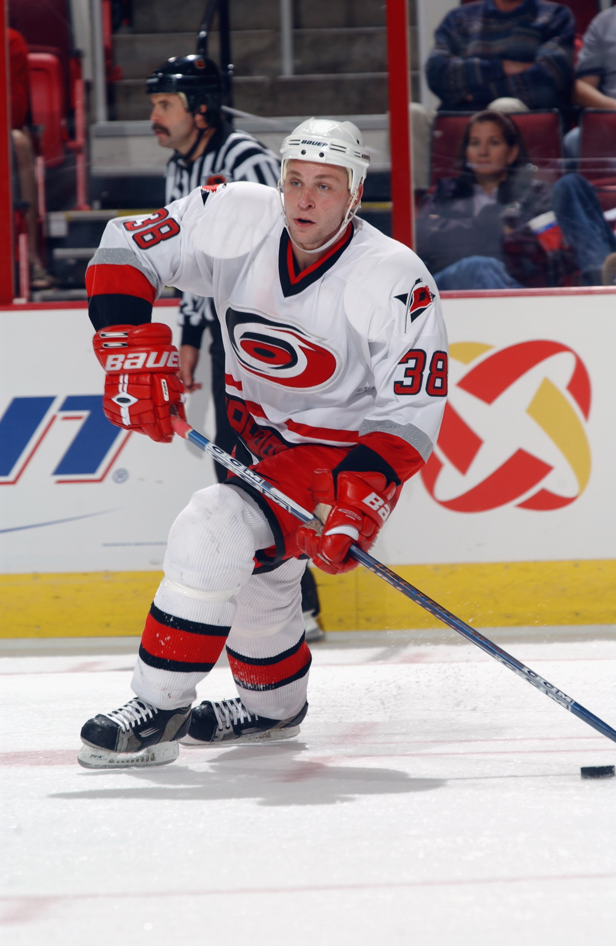 RALEIGH, NC - SEPTEMBER 28:  Defenseman Igor Knyazev #38 of the Carolina Hurricanes skates on the ice during the NHL preseason game against the Washington Capitals on September 28, 2002 at the RBC Center in Raleigh, North Carolina. The Capitals won 6-1. (