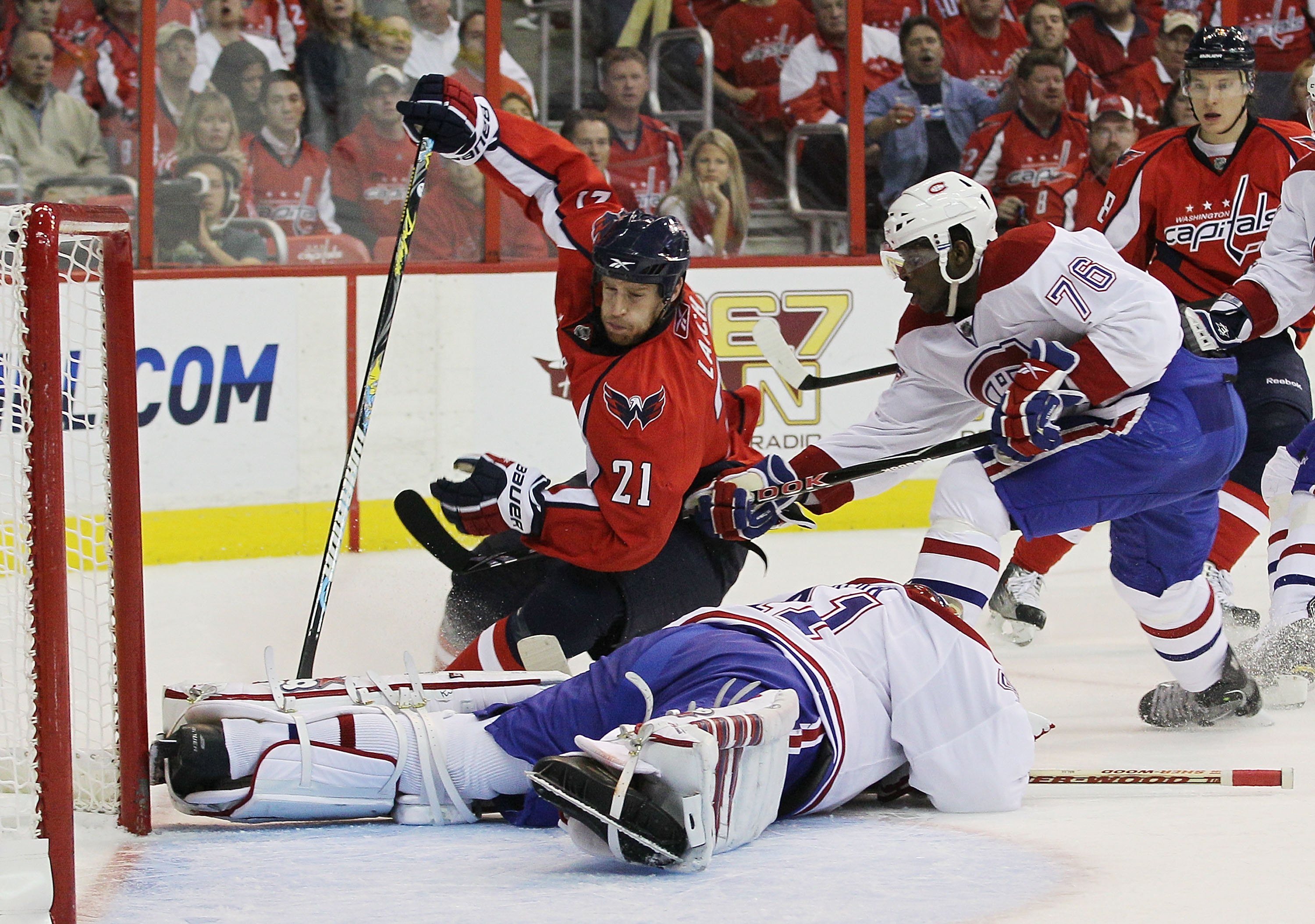 WASHINGTON - APRIL 28: PK Subban #76 and Jaroslav Halak #41 of the Montreal Canadiens defend against Brooks Laich #21 of the Washington Capitals in Game Seven of the Eastern Conference Quarterfinals during the 2010 NHL Stanley Cup Playoffs at the Verizon