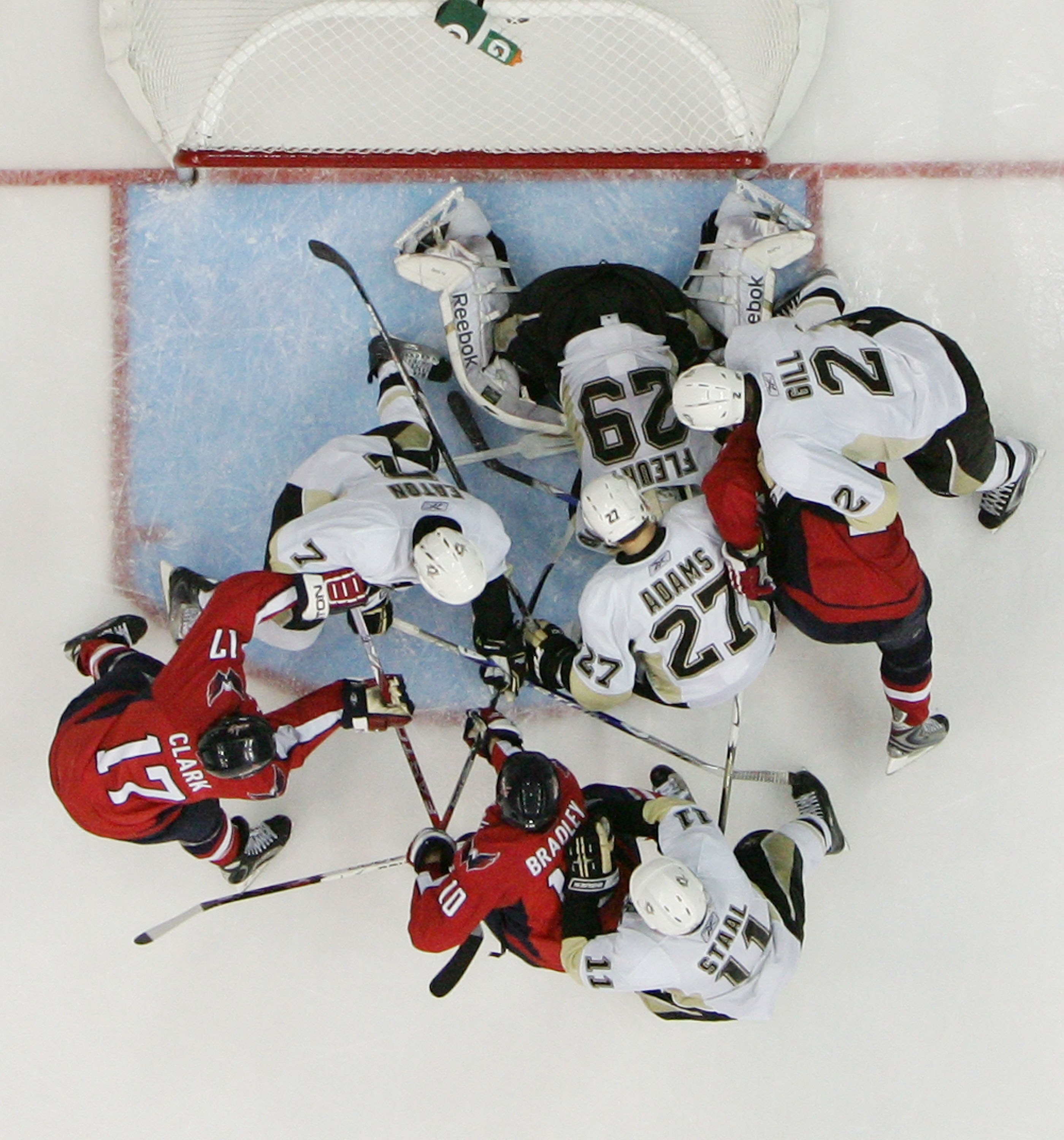 WASHINGTON - MAY 13:  Marc-Andre Fleury #29 of the Pittsburgh Penguins tends net against the Washington Capitals during Game Seven of the Eastern Conference Semifinal  Round of the 2009 Stanley Cup Playoffs at Verizon Center on May 13, 2009 in Washington,