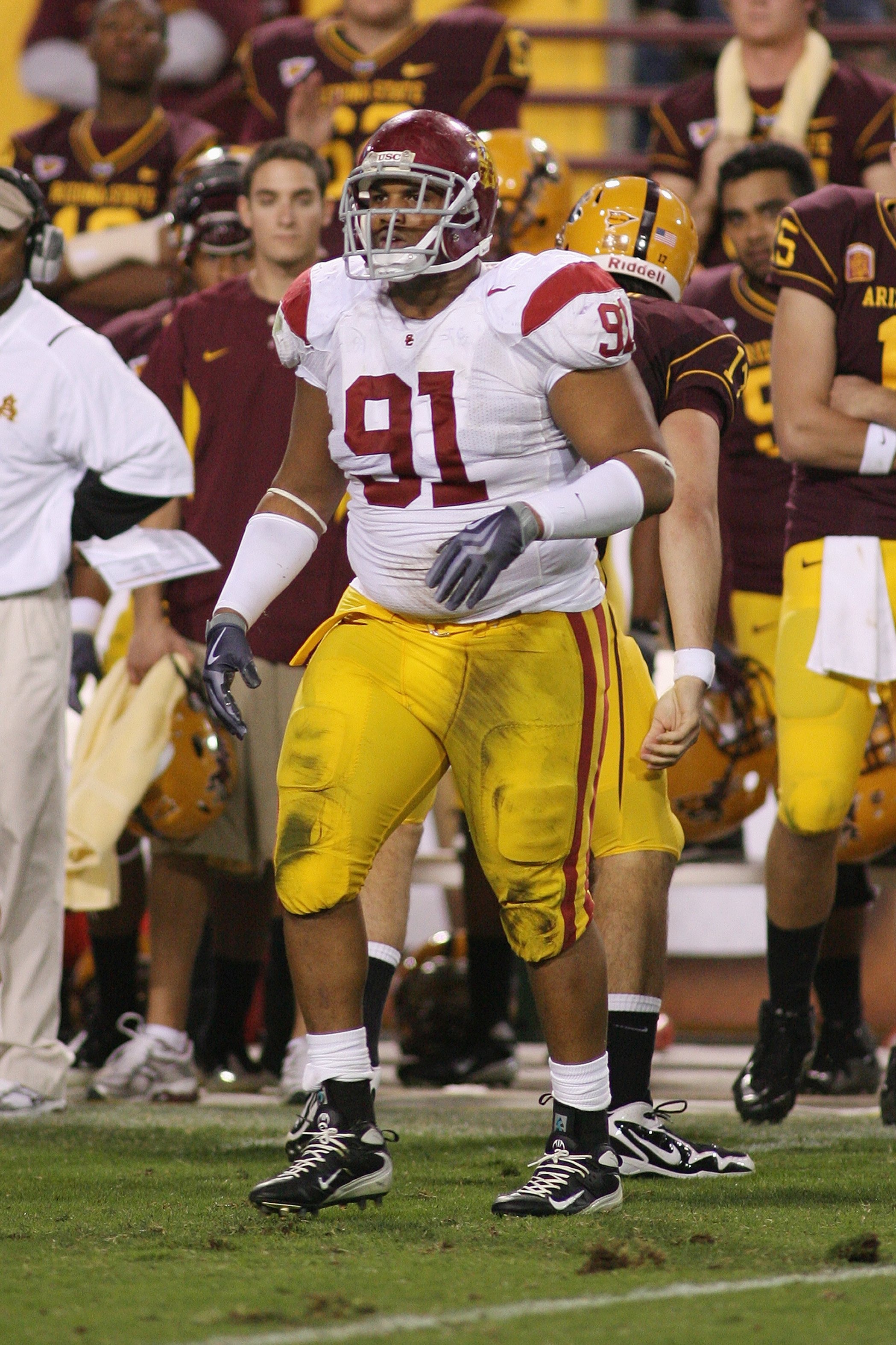 TEMPE, AZ - NOVEMBER 7:  Jurrell Casey #91 of the USC Trojans walks on the field against the Arizona State Sun Devils on November 7, 2009 at Sun Devil Stadium in Tempe, Arizona.  USC won 14-9.  (Photo by Jeff Golden/Getty Images)