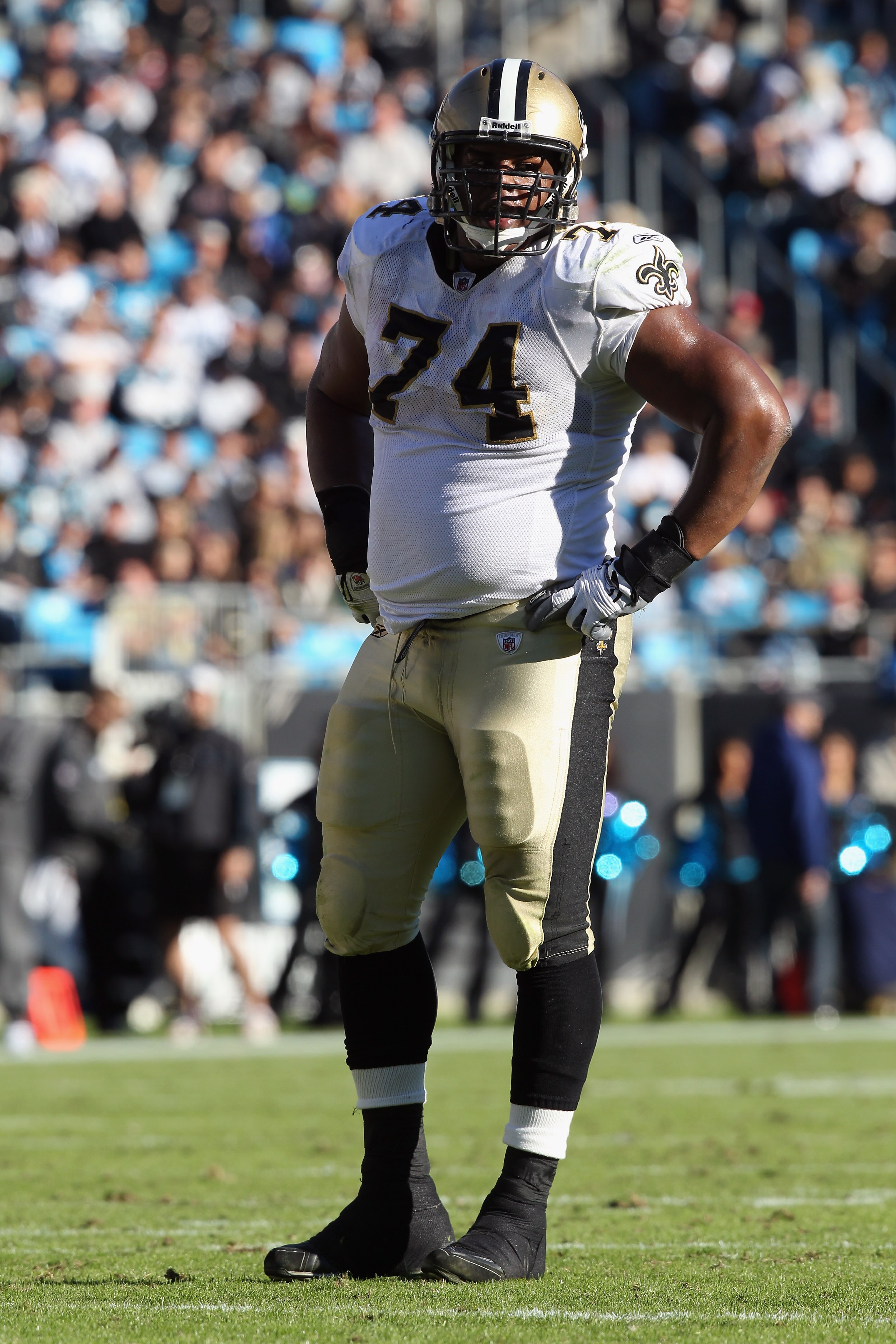 CHARLOTTE, NC - NOVEMBER 07:  Jermon Bushrod #74 of the New Orleans Saints against the Carolina Panthers during their game at Bank of America Stadium on November 7, 2010 in Charlotte, North Carolina.  (Photo by Streeter Lecka/Getty Images)