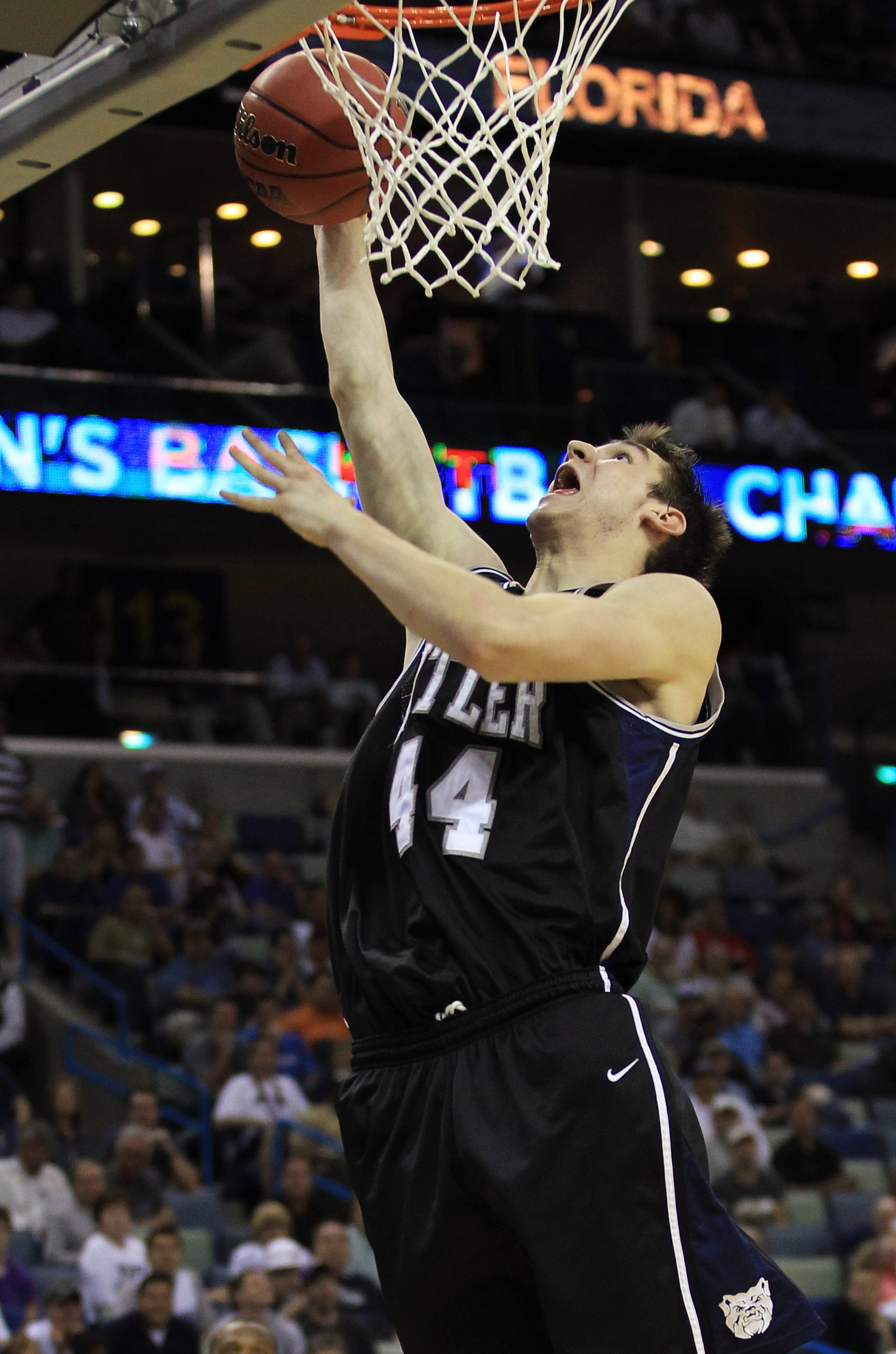 NEW ORLEANS, LA - MARCH 24:  Andrew Smith #44 of the Butler Bulldogs shoots against the Wisconsin Badgers during the Southeast regional of the 2011 NCAA men's basketball tournament at New Orleans Arena on March 24, 2011 in New Orleans, Louisiana.  (Photo