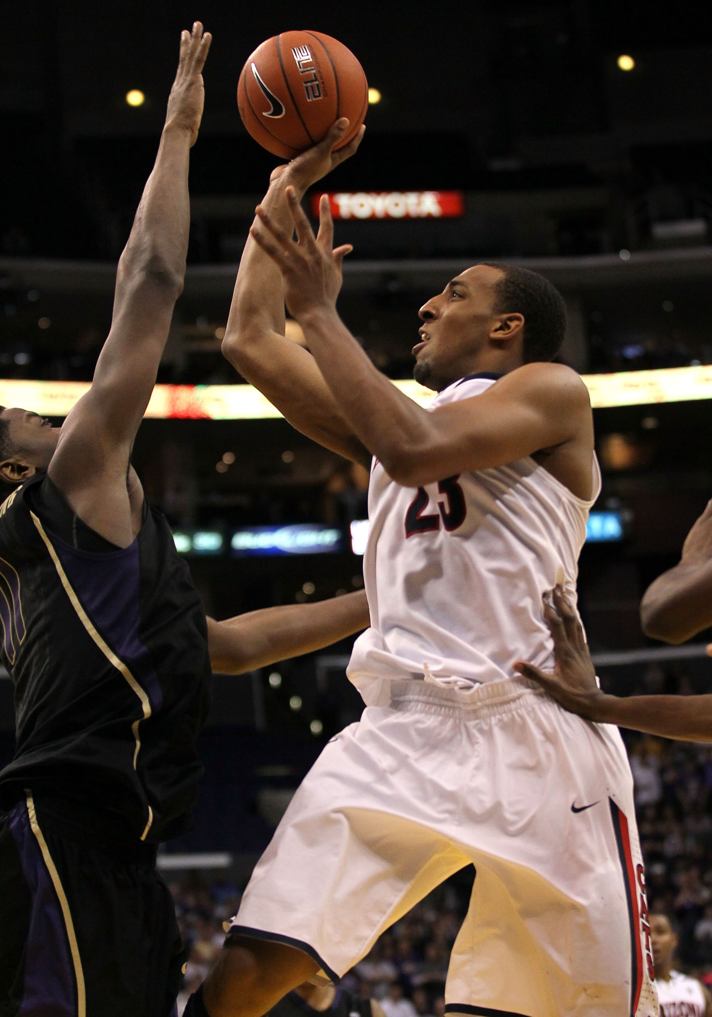 LOS ANGELES, CA - MARCH 12:  Derrick Williams #23 of the Arizona Wildcats goes up for a shot while taking on the Washington Huskies in the championship game of the 2011 Pacific Life Pac-10 Men's Basketball Tournament at Staples Center on March 12, 2011 in
