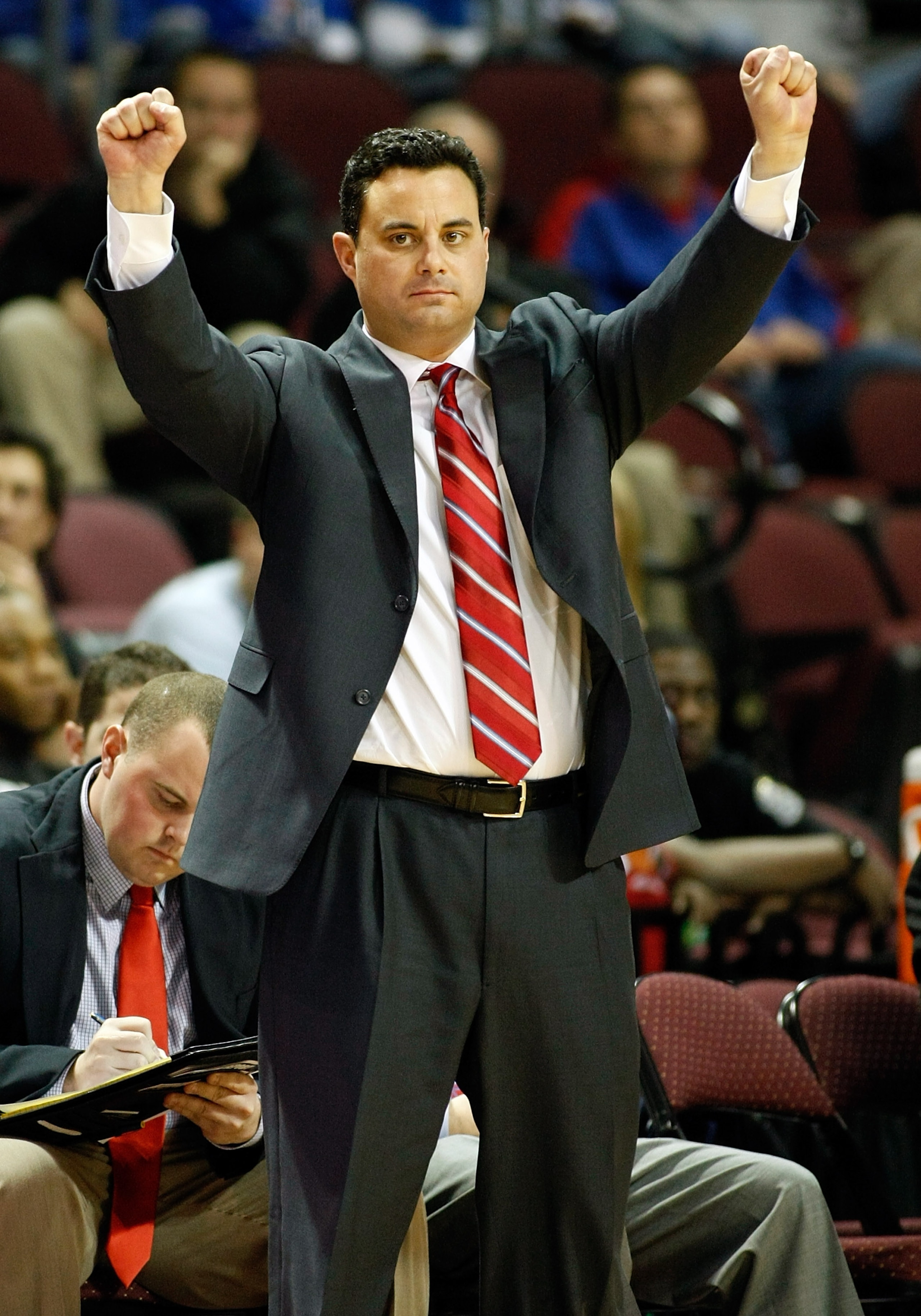 LAS VEGAS - NOVEMBER 26: Head coach Sean Miller of the Arizona Wildcats signals his players as they take on the Santa Clara Broncos during the third round of the Las Vegas Invitational at The Orleans Arena November 26, 2010 in Las Vegas, Nevada. Arizona LAS VEGAS - NOVEMBER 26: Head coach Sean Miller of the Arizona Wildcats signals his players as they take on the Santa Clara Broncos during the third round of the Las Vegas Invitational at The Orleans Arena November 26, 2010 in Las Vegas, Nevada. Arizona
