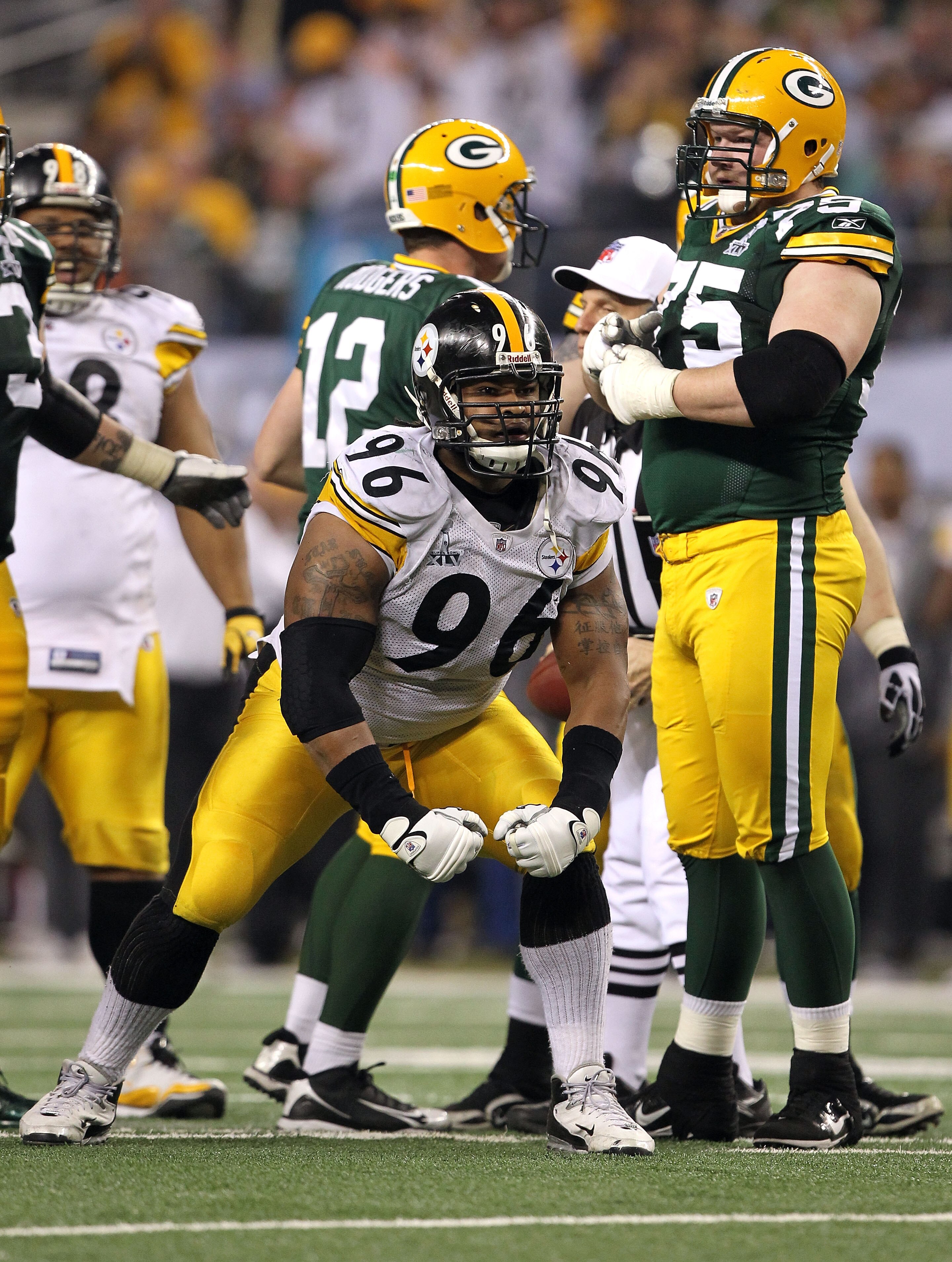 ARLINGTON, TX - FEBRUARY 06:  Ziggy Hood #96 of the Pittsburgh Steelers reacts against the Green Bay Packers during Super Bowl XLV at Cowboys Stadium on February 6, 2011 in Arlington, Texas. The Packers won 31-25.  (Photo by Al Bello/Getty Images)