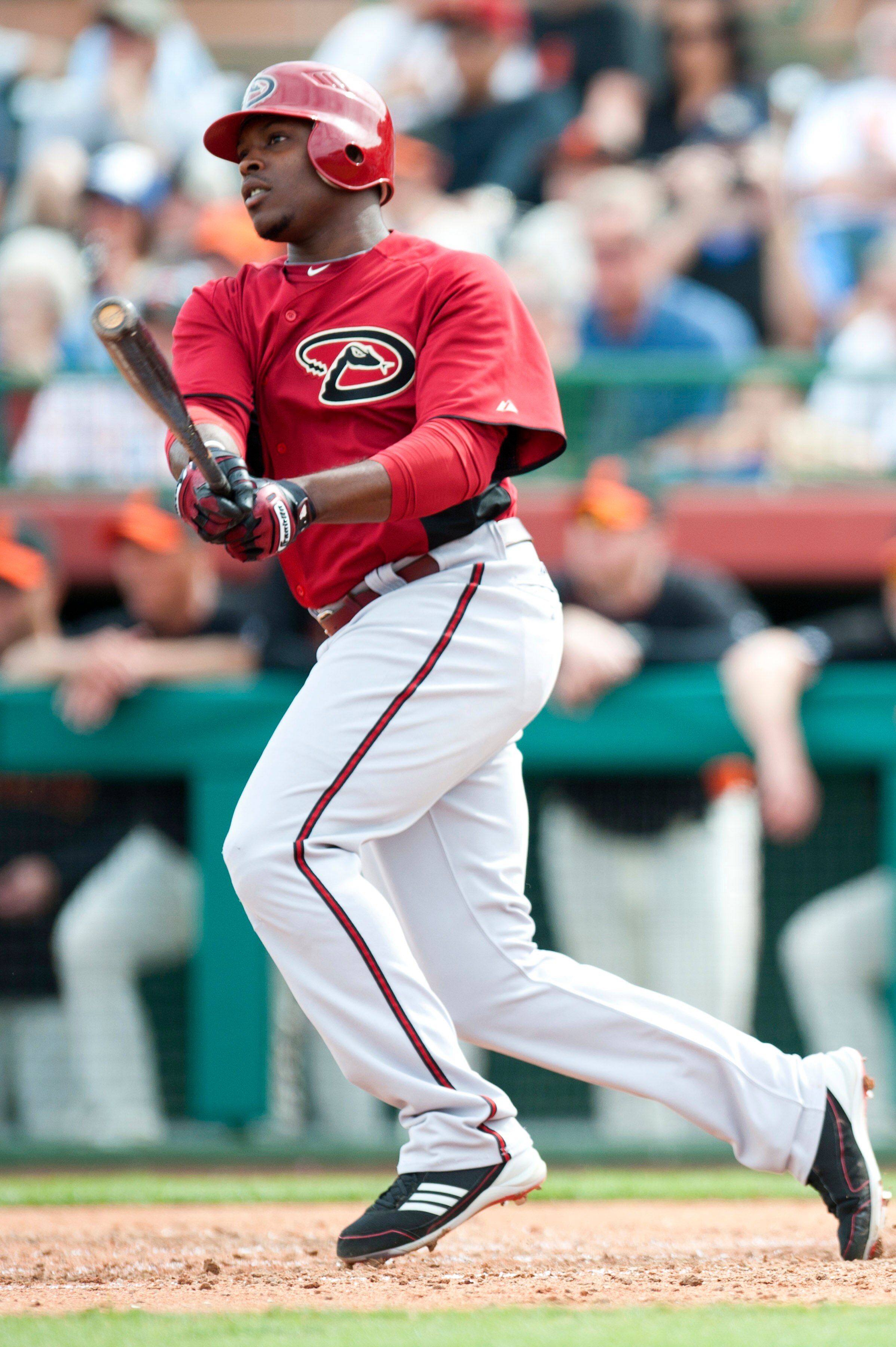 SCOTTSDALE, AZ - FEBRUARY 25: Justin Upton #10 of the Arizona Diamondbacks bats during a spring training game San Francisco Giant at Scottsdale Stadium on February 25, 2011 in Scottsdale, Arizona. (Photo by Rob Tringali/Getty Images)