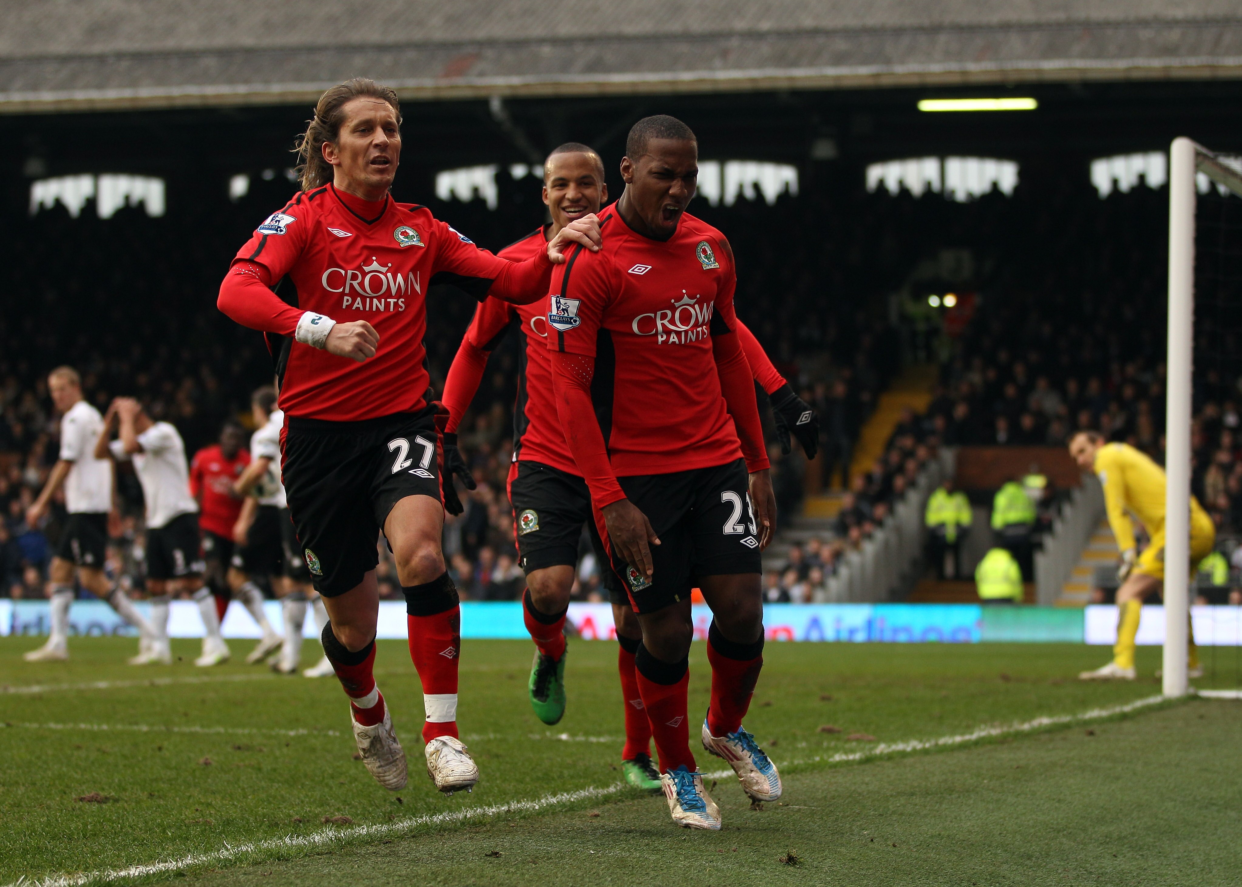 LONDON, ENGLAND - MARCH 05:  David Hoilett of Blackburn celebrates scoring their second goal during the Barclays Premier League match between Fulham and Blackburn Rovers at Craven Cottage on March 5, 2011 in London, England.  (Photo by Richard Heathcote/G