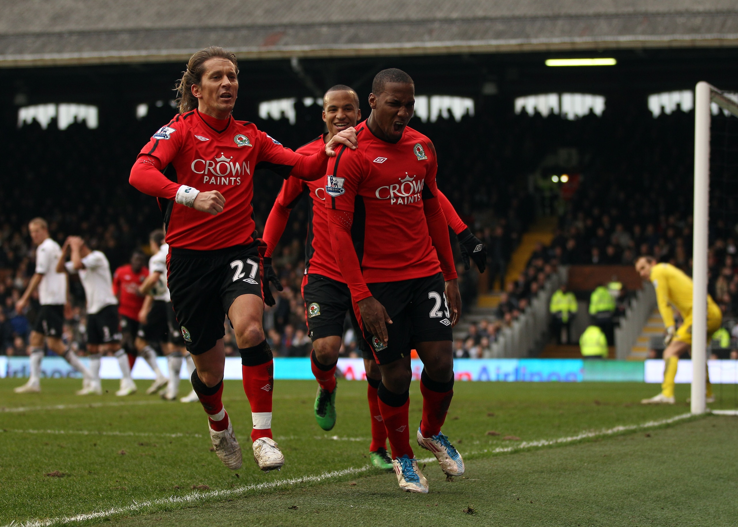 LONDON, ENGLAND - MARCH 05:  David Hoilett of Blackburn celebrates scoring their second goal during the Barclays Premier League match between Fulham and Blackburn Rovers at Craven Cottage on March 5, 2011 in London, England.  (Photo by Richard Heathcote/G