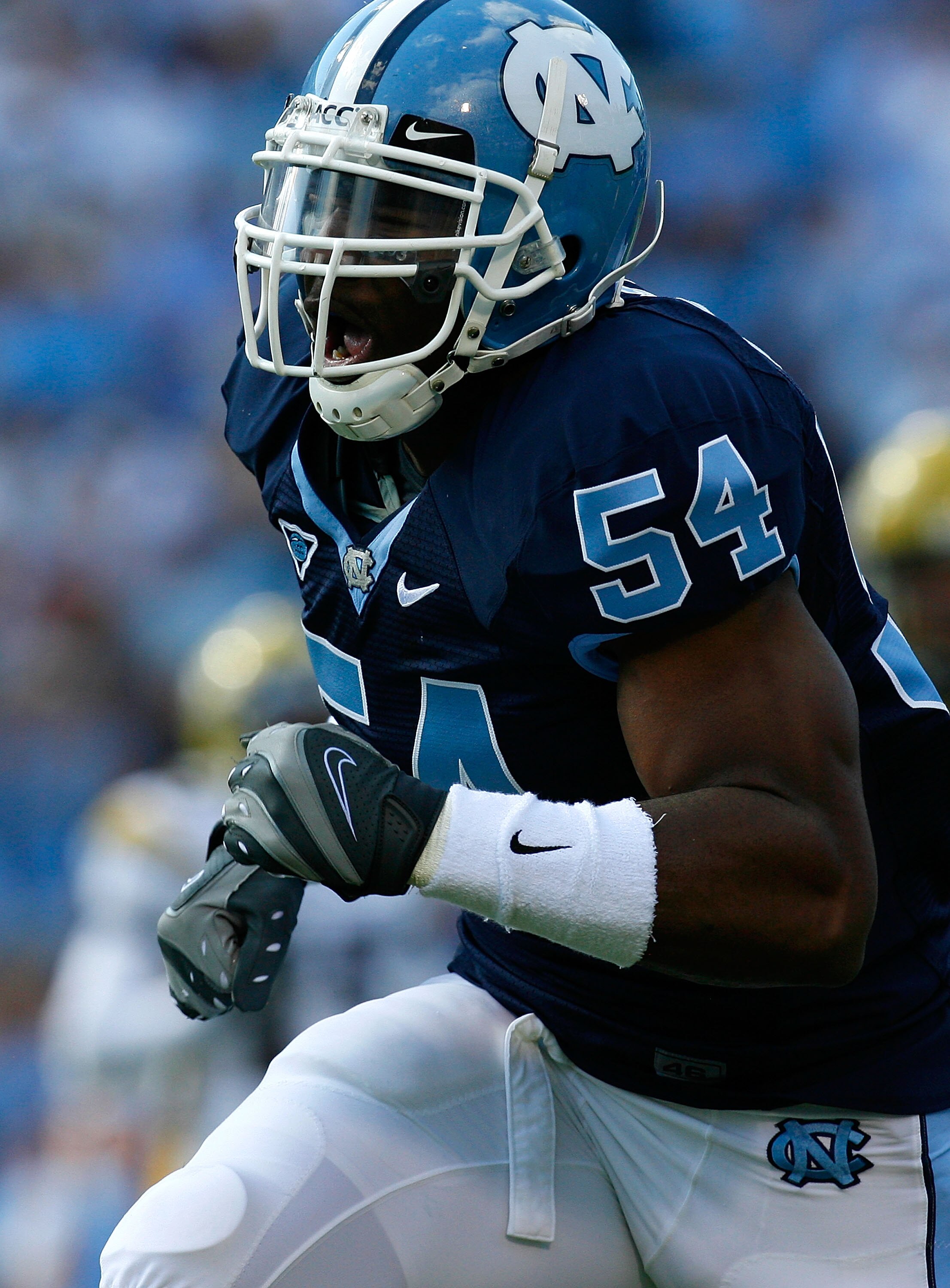 CHAPEL HILL, NC - NOVEMBER 08:  Linebacker Bruce Carter #54 of the North Carolina Tar Heels reacts after a defensive stop against the Georgia Tech Yellow Jackets during the game at Kenan Stadium on November 8, 2008 in Chapel Hill, North Carolina.  (Photo