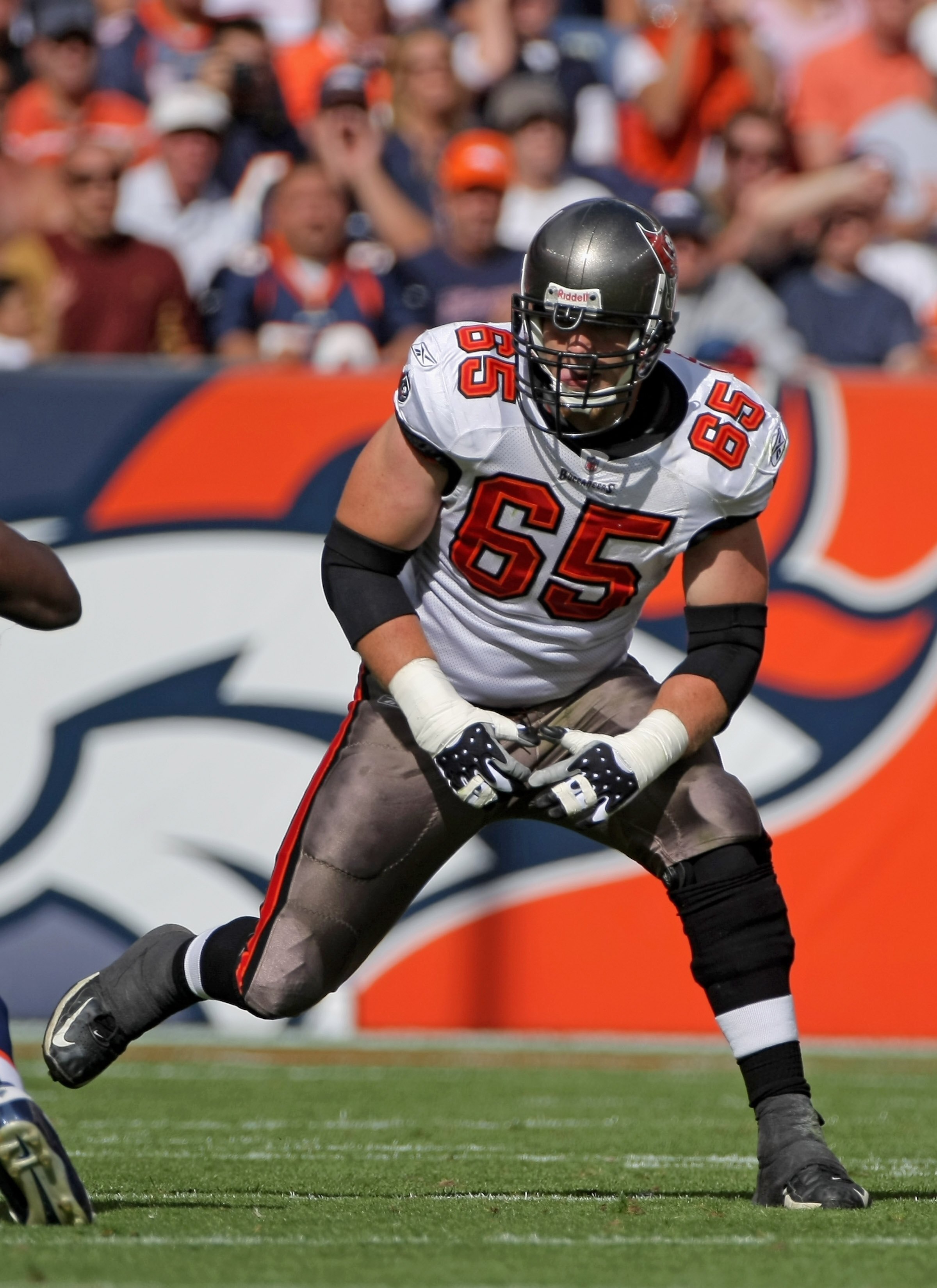 DENVER - OCTOBER 05:  Offensive tackle Jeremy Trueblood #65 of the Tampa Bay Buccaneers lines up against the Denver Broncos during NFL action on October 5, 2008 in Denver, Colorado. The Broncos defeated the Buccaneers 16-13.  (Photo by Doug Pensinger/Gett