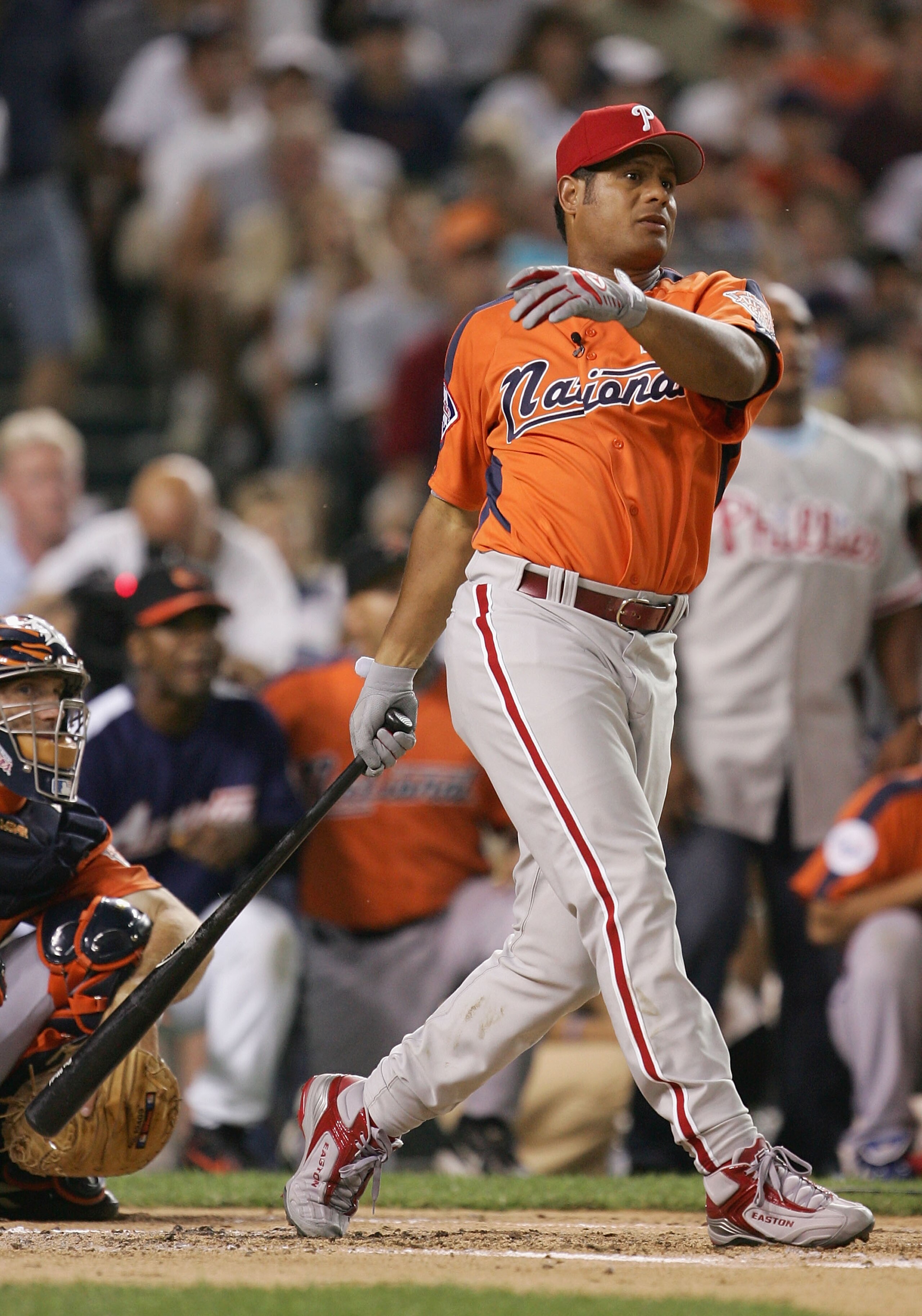 DETROIT - JULY 11:  National League All-Star Bobby Abreu #53 of the Philadelphia Phillies bats during the 2005 Major League Baseball Home Run Derby at Comerica Park on July 11, 2005 in Detroit, Michigan. (Photo by Jonathan Daniel/Getty Images)