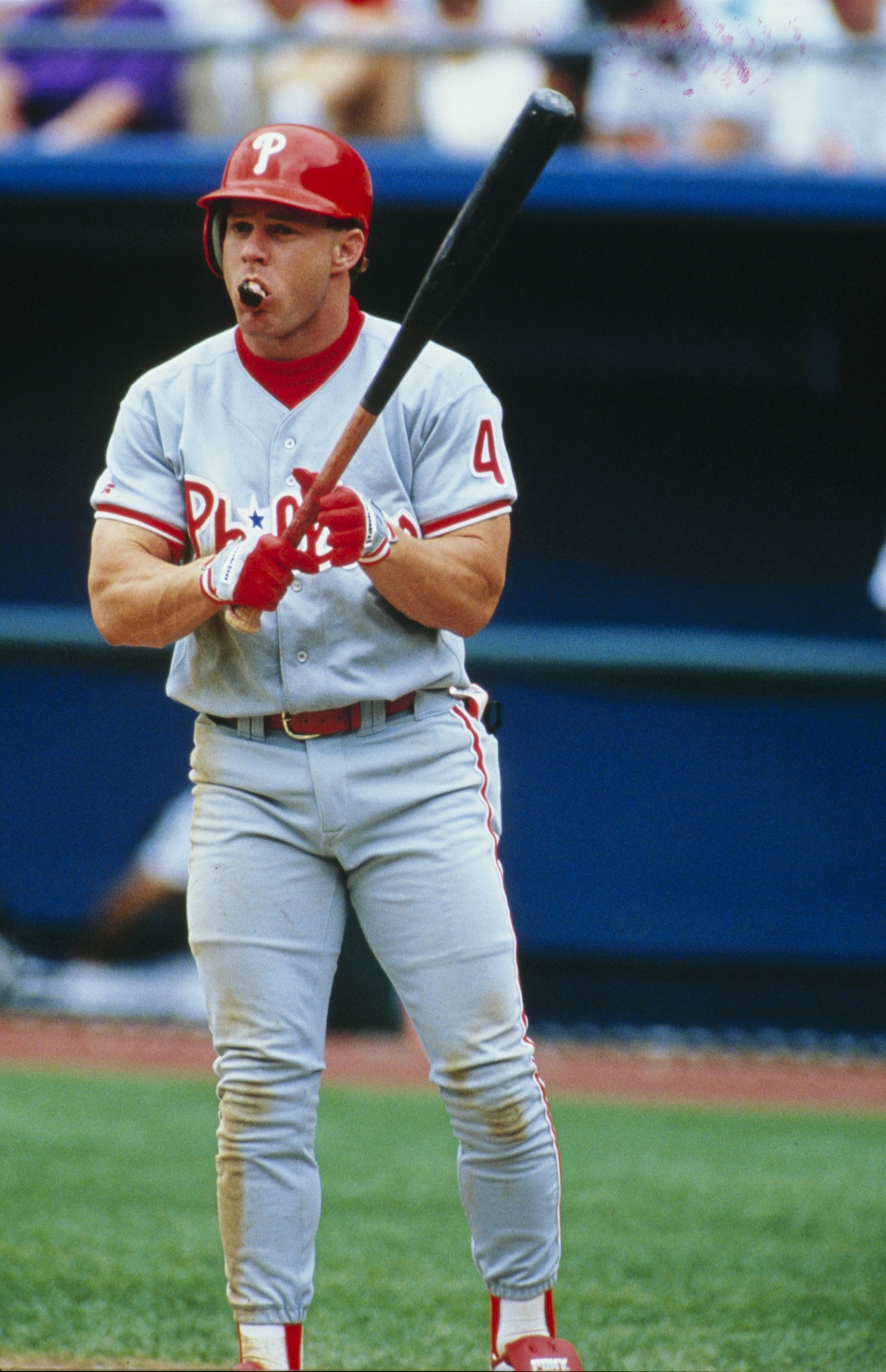 DENVER - AUGUST 19:  Lenny Dykstra of the Philadelphia Phillies steps to the plate with chewing tobacco visible in his mouth during the game against the Colorado Rockies at Mile High Stadium on August 19, 1993 in Denver, Colorado. (Photo by Tim Defrisco/G